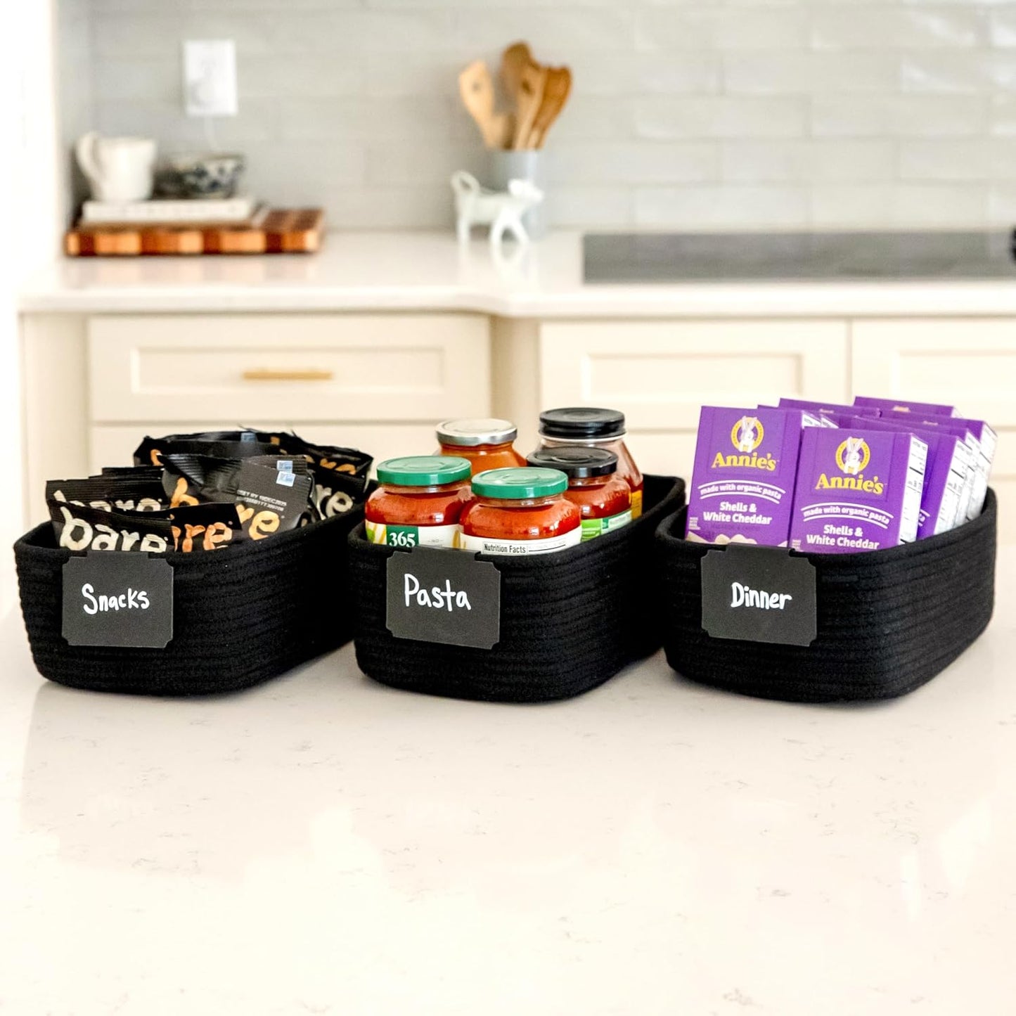 Cotton Rope Woven Small Baskets for Organizing / Black / 11.8 x 8 x 4.5 / Set of 3