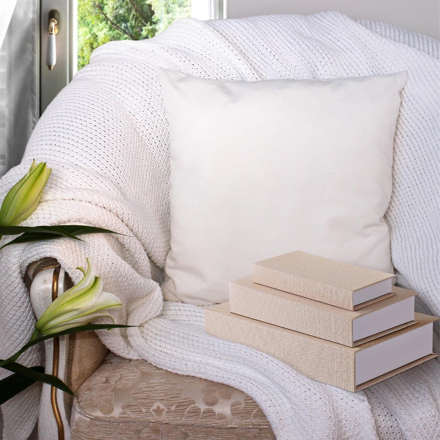 Decorative Fake Book Box Faux Book Storage Box Magnetic Neutral Linen Hollow Boxes / Set of 3