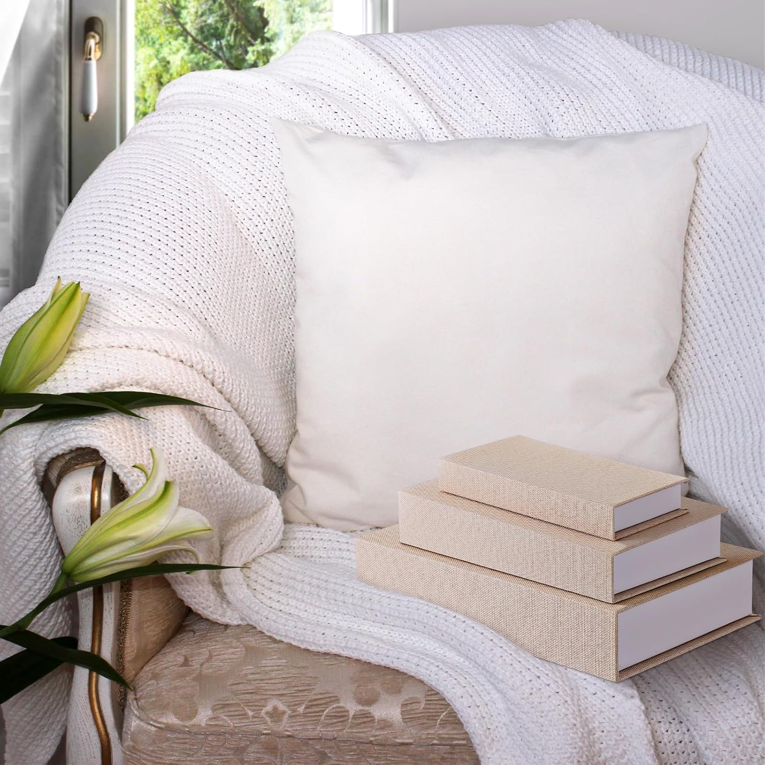 Decorative Fake Book Box Faux Book Storage Box Magnetic Neutral Linen Hollow Boxes / Set of 3