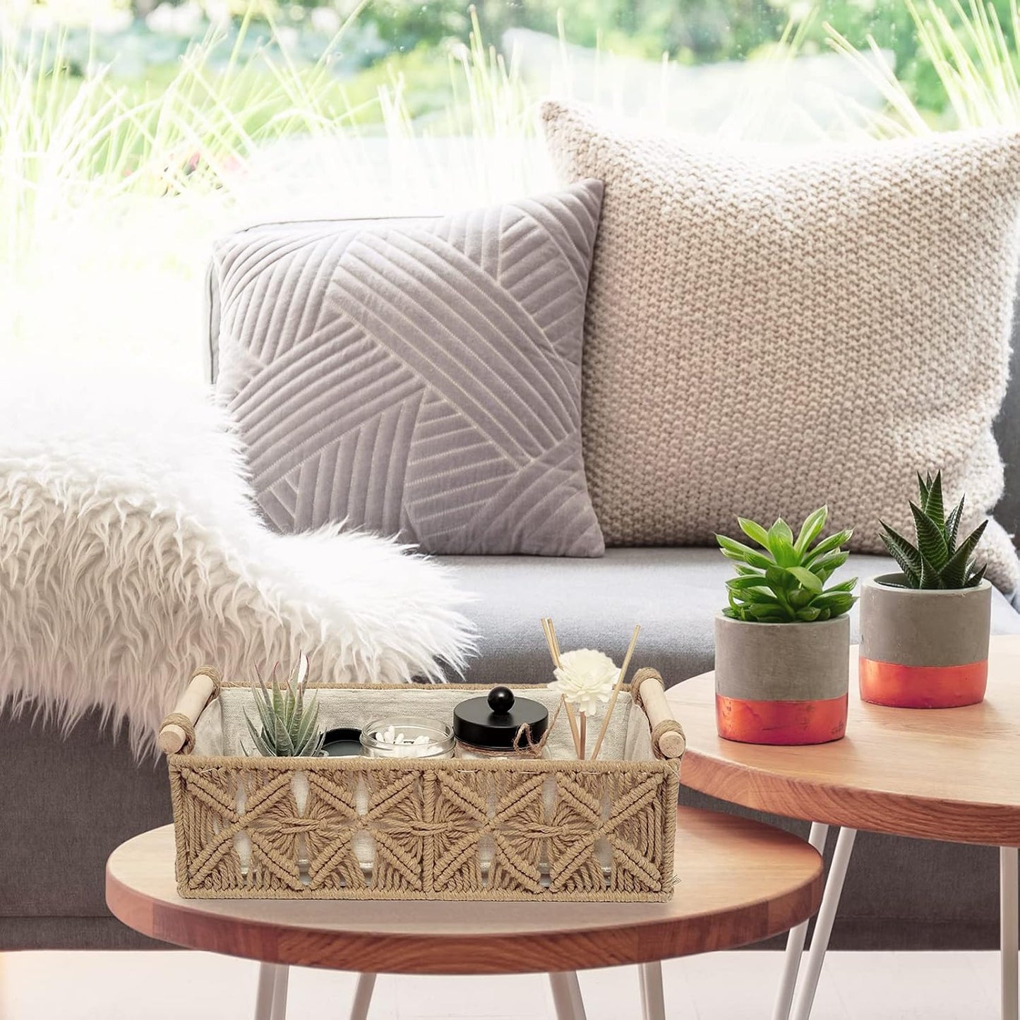 Macrame Storage Basket Boho Decor Baskets for Organizing Woven Decorative Basket / Beige