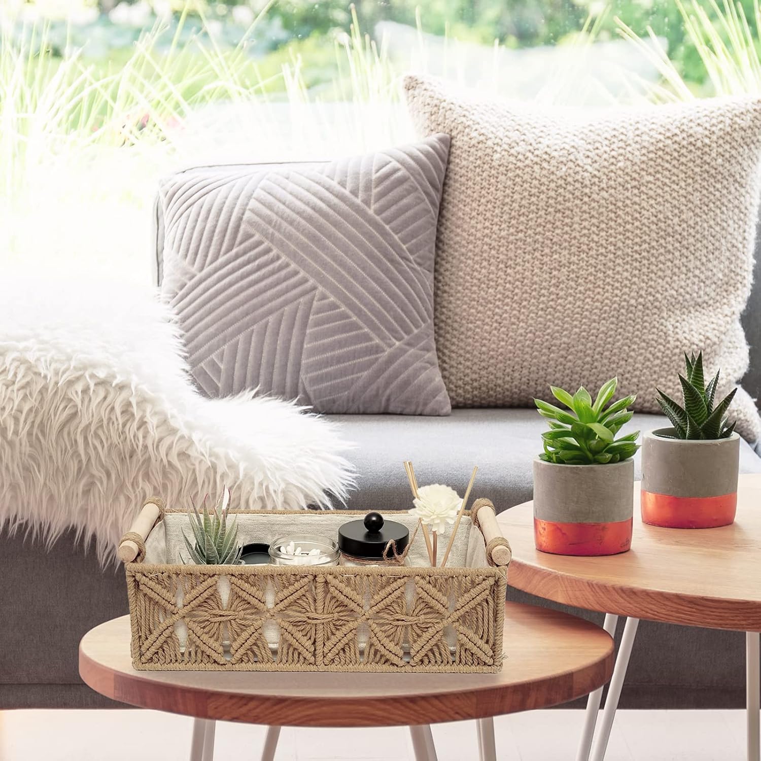 Macrame Storage Basket Boho Decor Baskets for Organizing Woven Decorative Basket / Beige