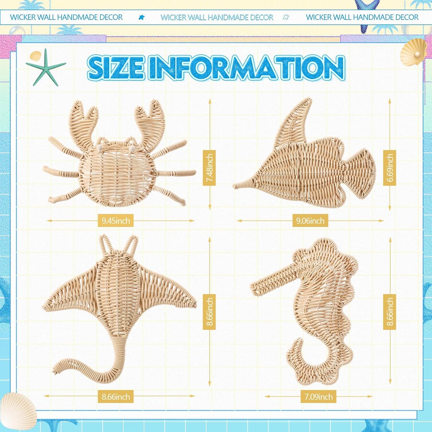 Wicker Sea Wall Decor Fish Stingray Crab Seahorse Hanging Decors Handmade Wicker Beach / Set of 4