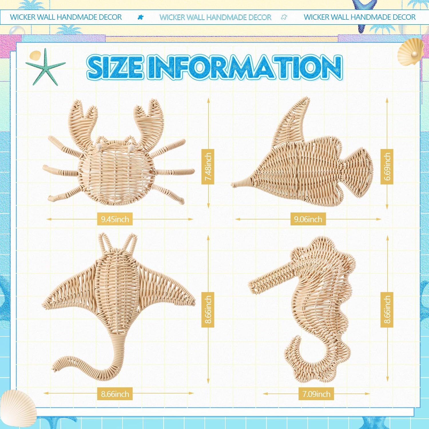 Wicker Sea Wall Decor Fish Stingray Crab Seahorse Hanging Decors Handmade Wicker Beach / Set of 4
