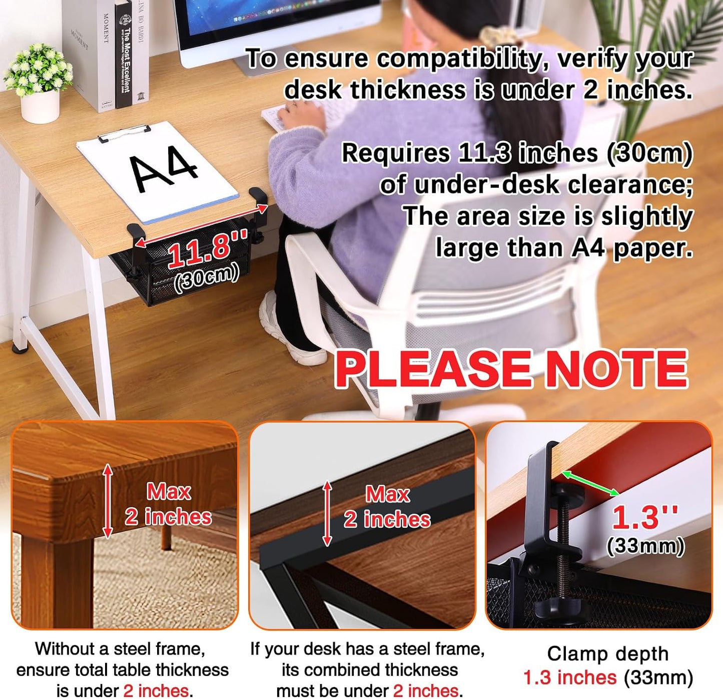 ROSYLINE Under Desk & Desktop Drawer Organizer, 2-Tier Big Capacity | Steel Construction, Clip-On No Drill