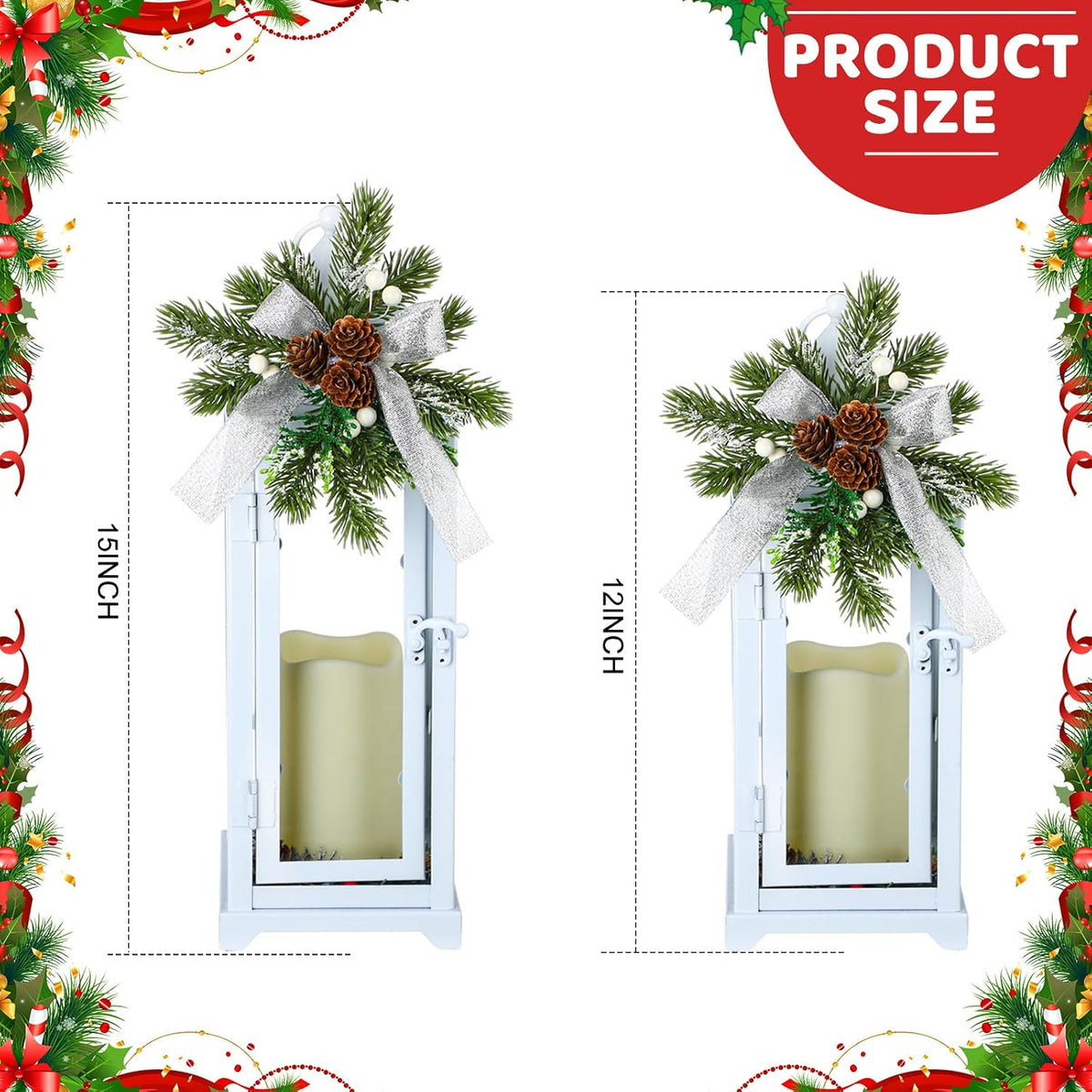 White 2 Pcs Christmas Metal Candle Lantern and LED Fake Candles 12'' and 15'' Decorative Lanterns with Xmas Ornament