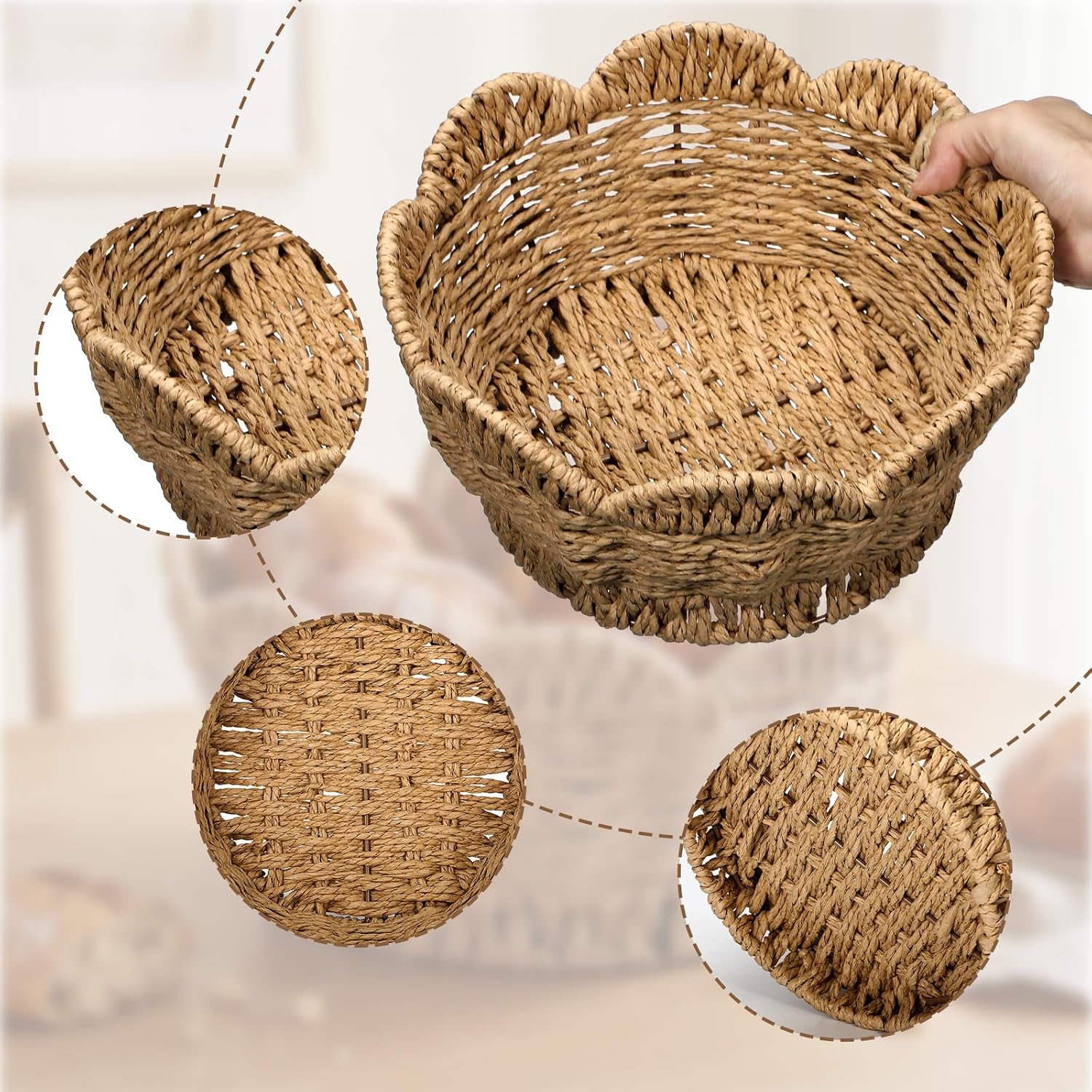 Scalloped Woven Basket Large Coastal Hand-woven Round Tabletop Organizer for Fruit Bread Kitchen