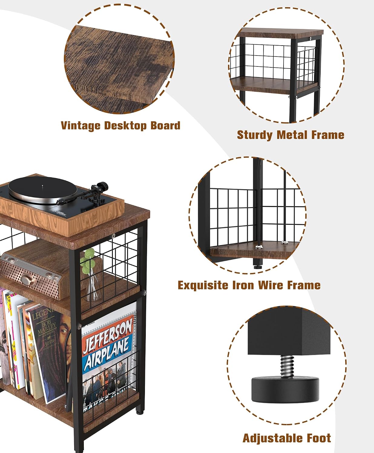 Vinyl Record Player Stand 3 Tier End Table with Double Layer Black | Turntable Record Stand Storage Up to 100 Albums