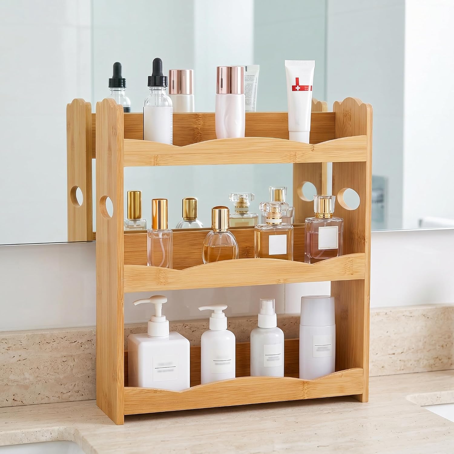 3-Tier Bamboo Spice Rack for Countertop, Wall Mounted Spice Holder Rack Seasoning Bottles Jar Organizer Shelf, Bathroom