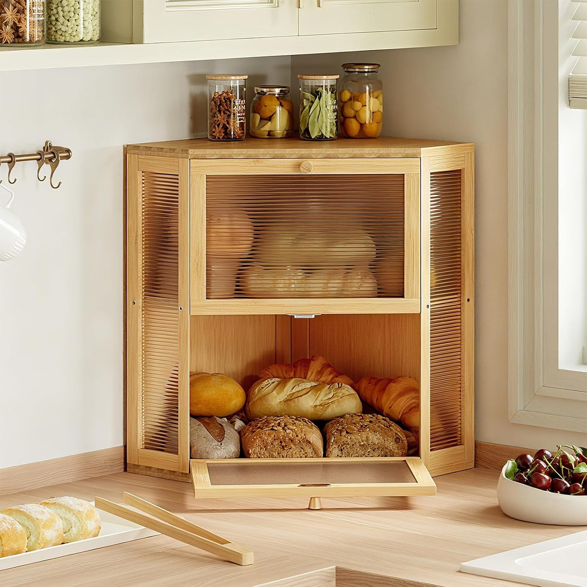 WOWLIVE Double Layer Corner Bread Box for Kitchen Countertop with 2 Doors | Bamboo Bread Storage Container, Large