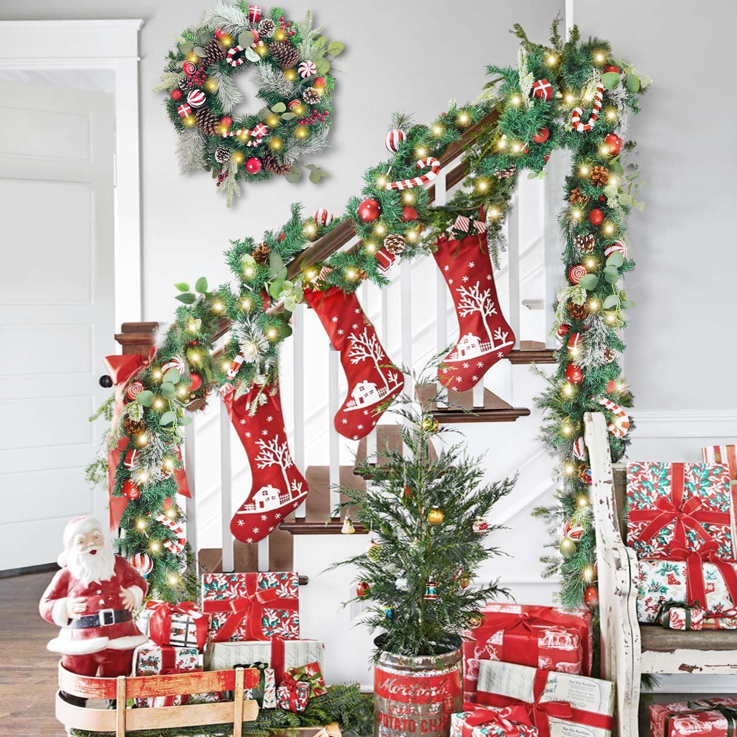 WANNA-CUL Pre-Lit 6ft Red White Christmas Garland with 30 LED Lights | Candy Cane Xmas Lighted Garland for Mantel with
