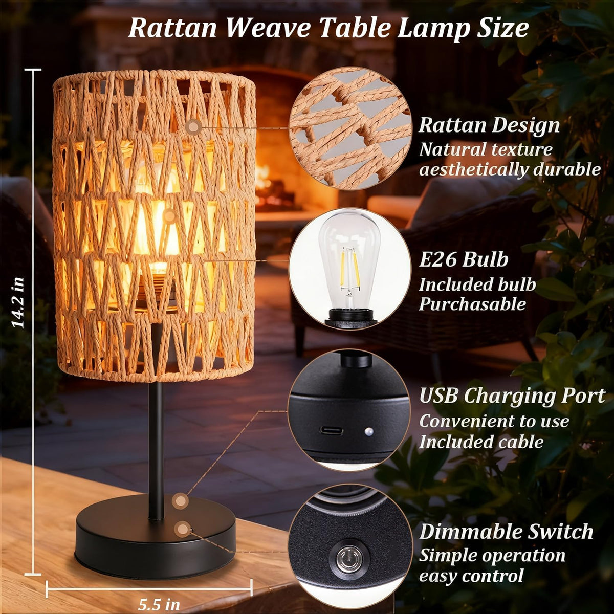 Rechargeable Outdoor Table Lamps, Rattan Boho Cordless Battery Operated Table Lamps, Patio Lamp for Living Room