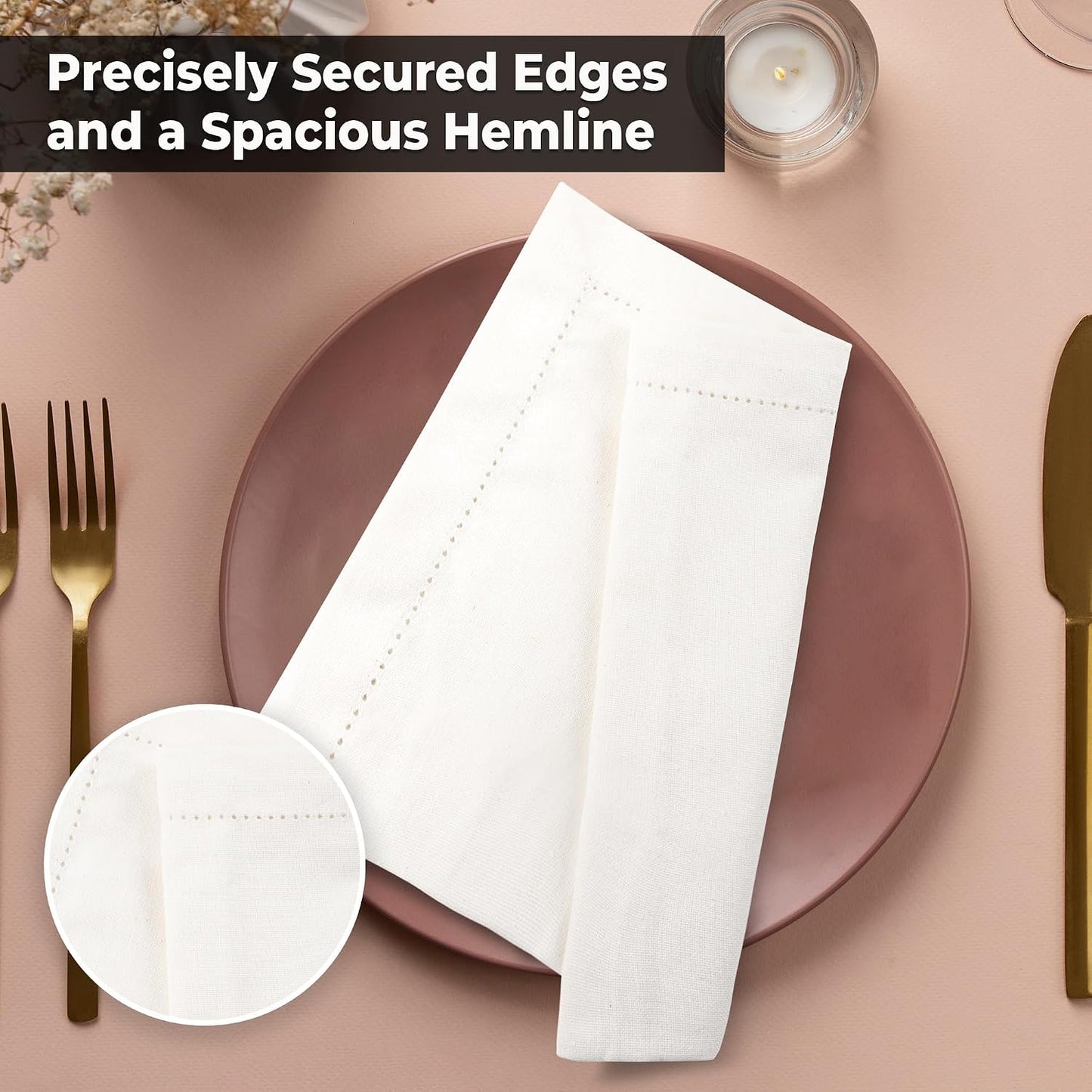Urban Villa Hemstitch Cloth Dinner Napkins Cotton 20”x20” (Set of 6)- Ivory