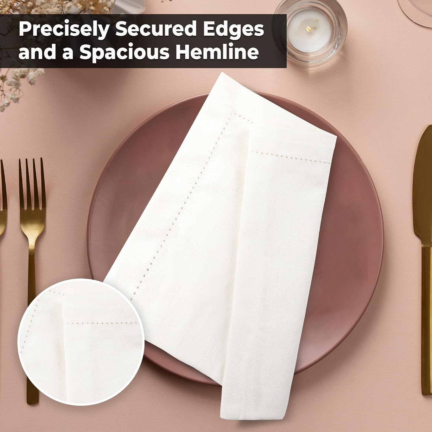 Urban Villa Hemstitch Cloth Dinner Napkins Cotton 20”x20” (Set of 6)- Ivory