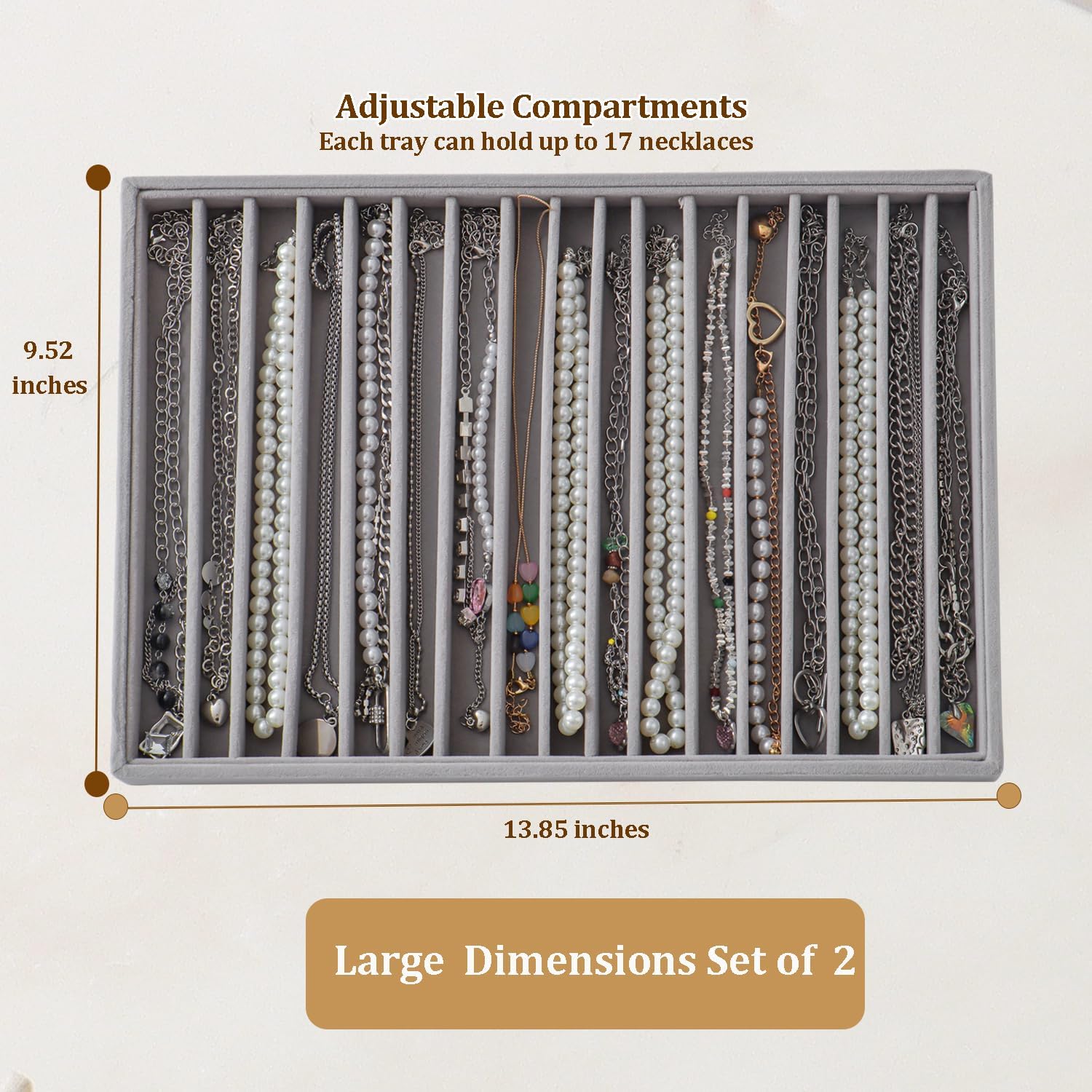 Large Velvet Jewelry Tray Stackable Jewelry Display Drawer Inserts / Gray / 16 Grids / Set of 2