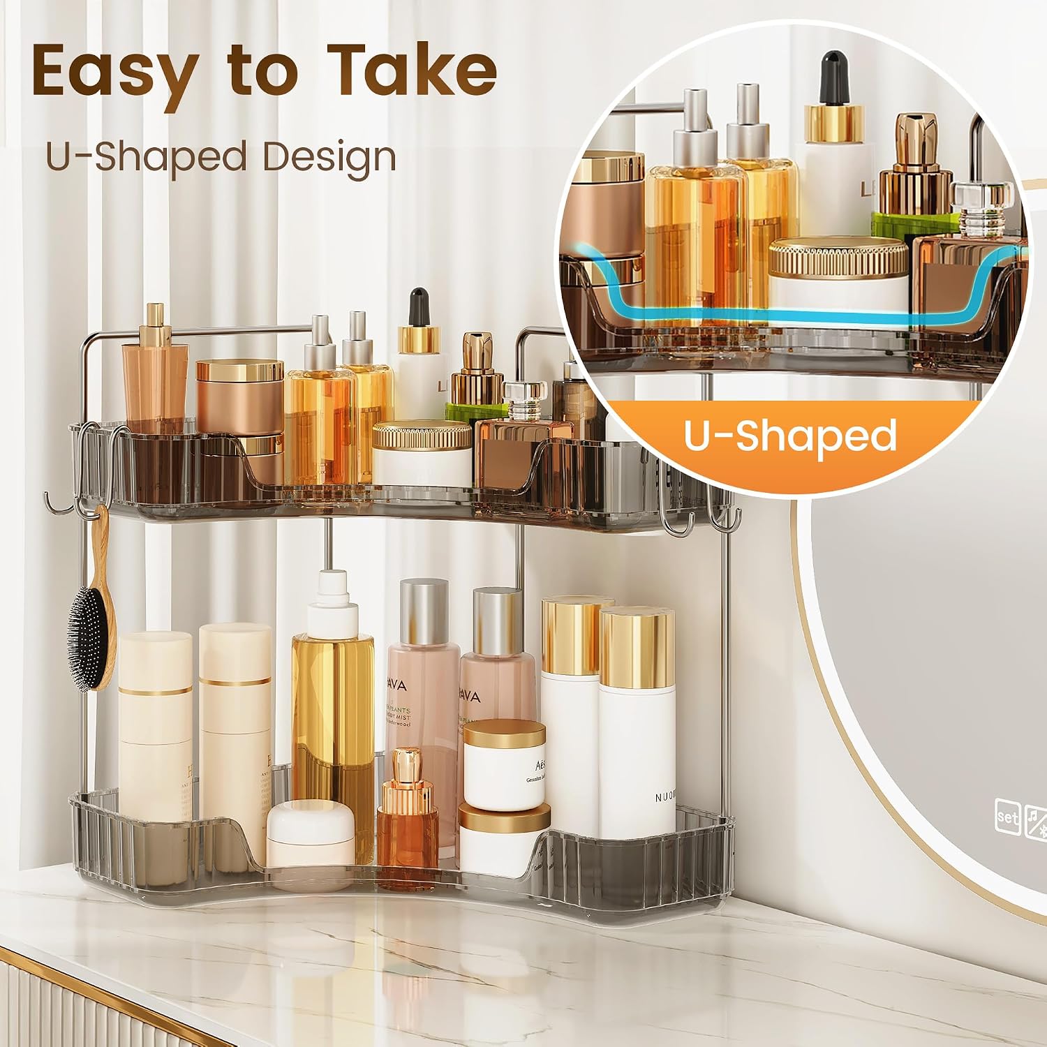 Corner Counter Organizer, 2-Tier Bathroom & Kitchen Storage Tray | Grey Vanity Organizer Storage Countertop with Hooks