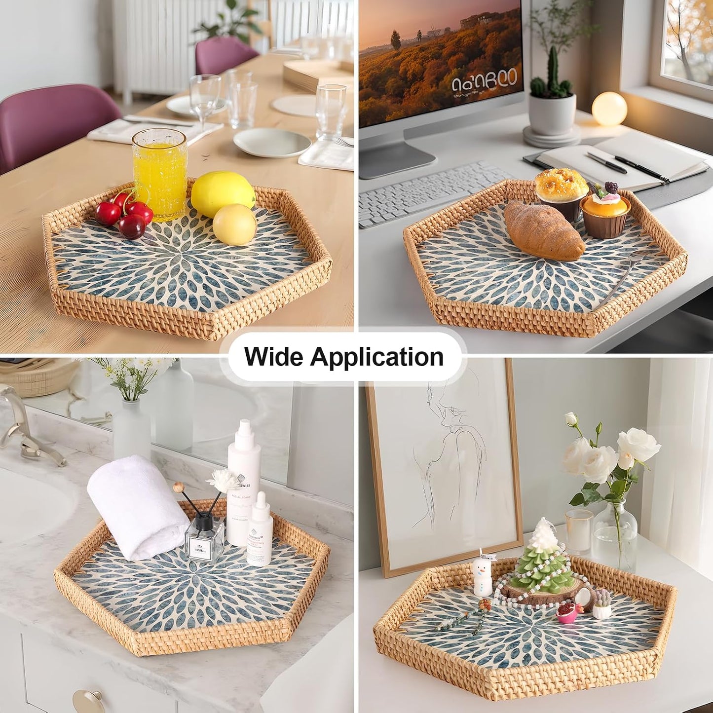 Hexagon Rattan Tray / Light Blue Leaves