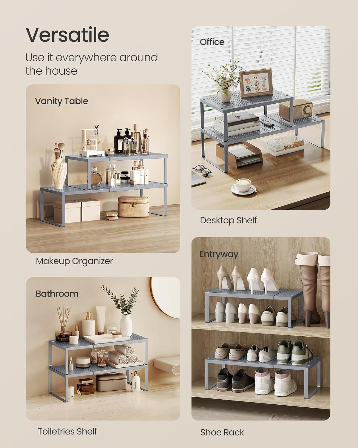 SONGMICS Spice Rack, Expandable Kitchen Countertop Shelf, Steel | Set of 2 small cupboard organizers, space-saving