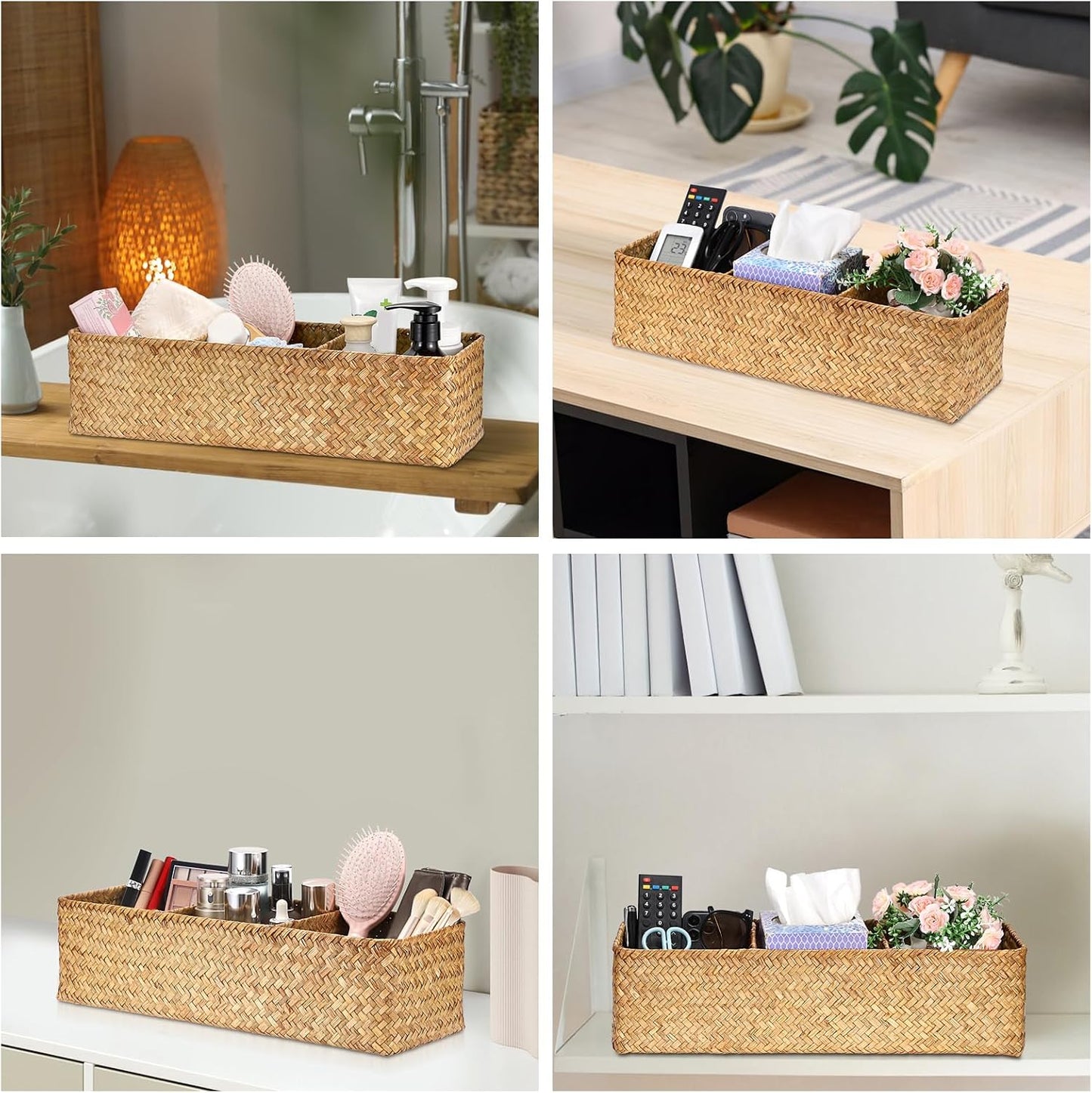 Handwoven Seagrass Storage Basket 3 Sections Toilet Tank Paper Organizer / Large / Caramel