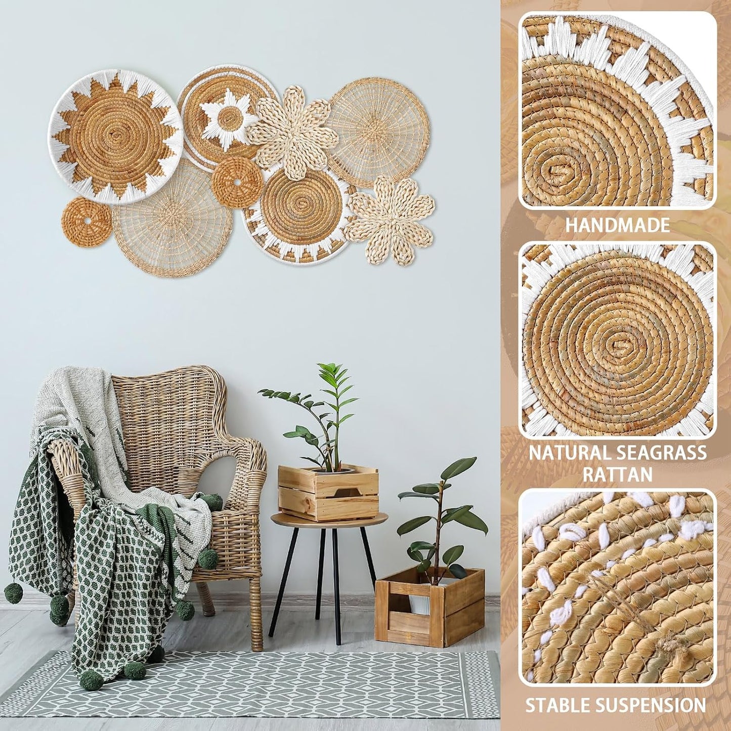 Boho Wall Basket Decor Decorative Bulrush Woven Basket Wall Decor Rustic / Flower / Set of 8
