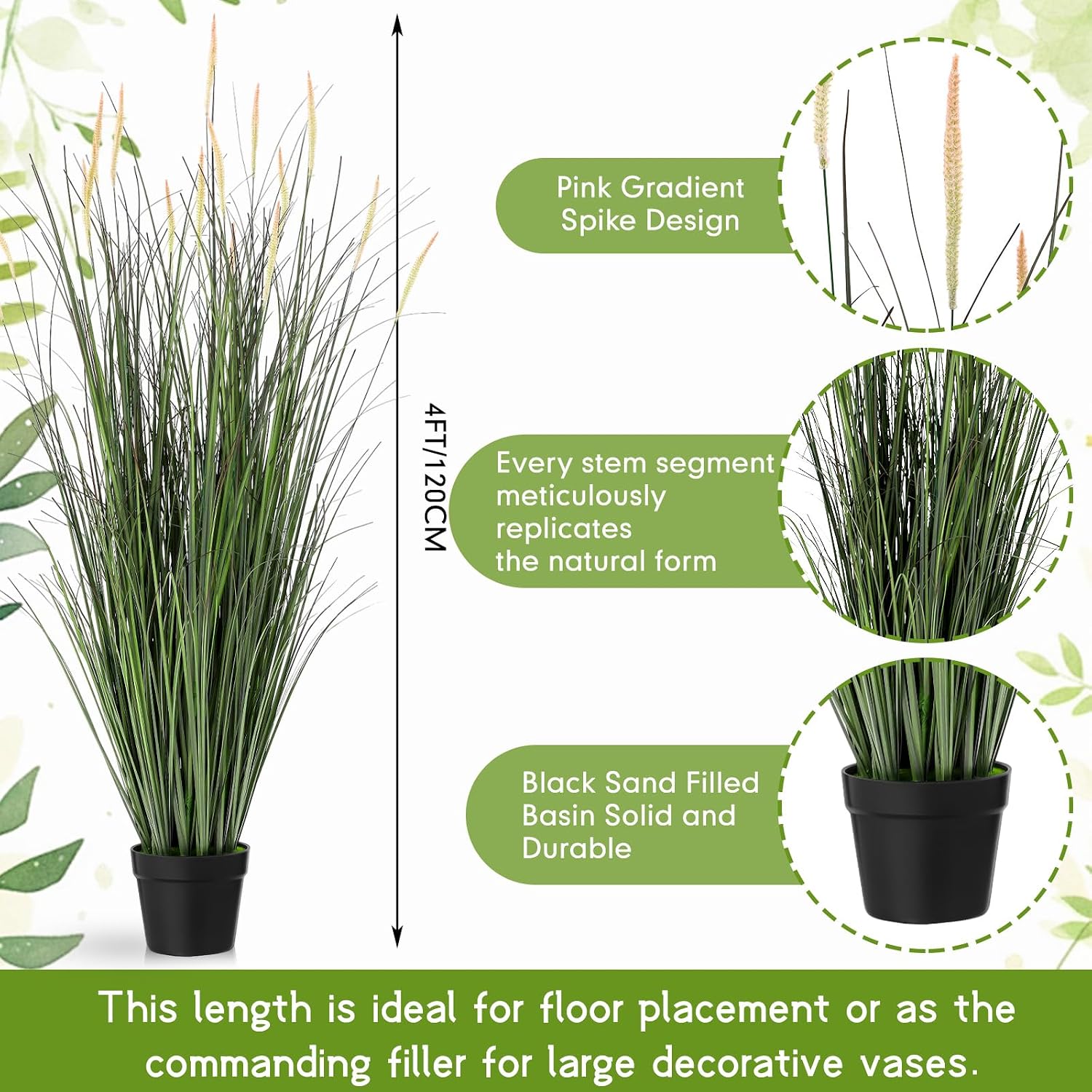 Tall Artificial Grass Plants Fake Horsetail Reed Grass Plant / 4 Ft / Pink Spikes / Set of 2