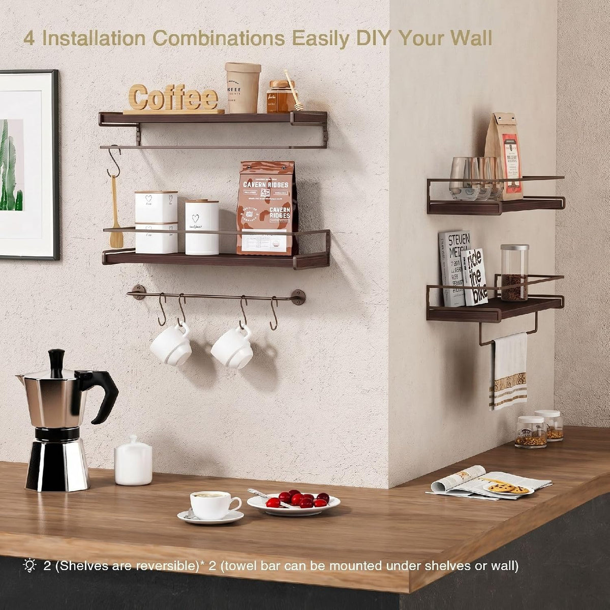 Forbena Dark Brown Kitchen Shelves Wall Mounted Set of 2, Walnut Brown Floating Kitchen Wall Shelves with Rail, Hanging
