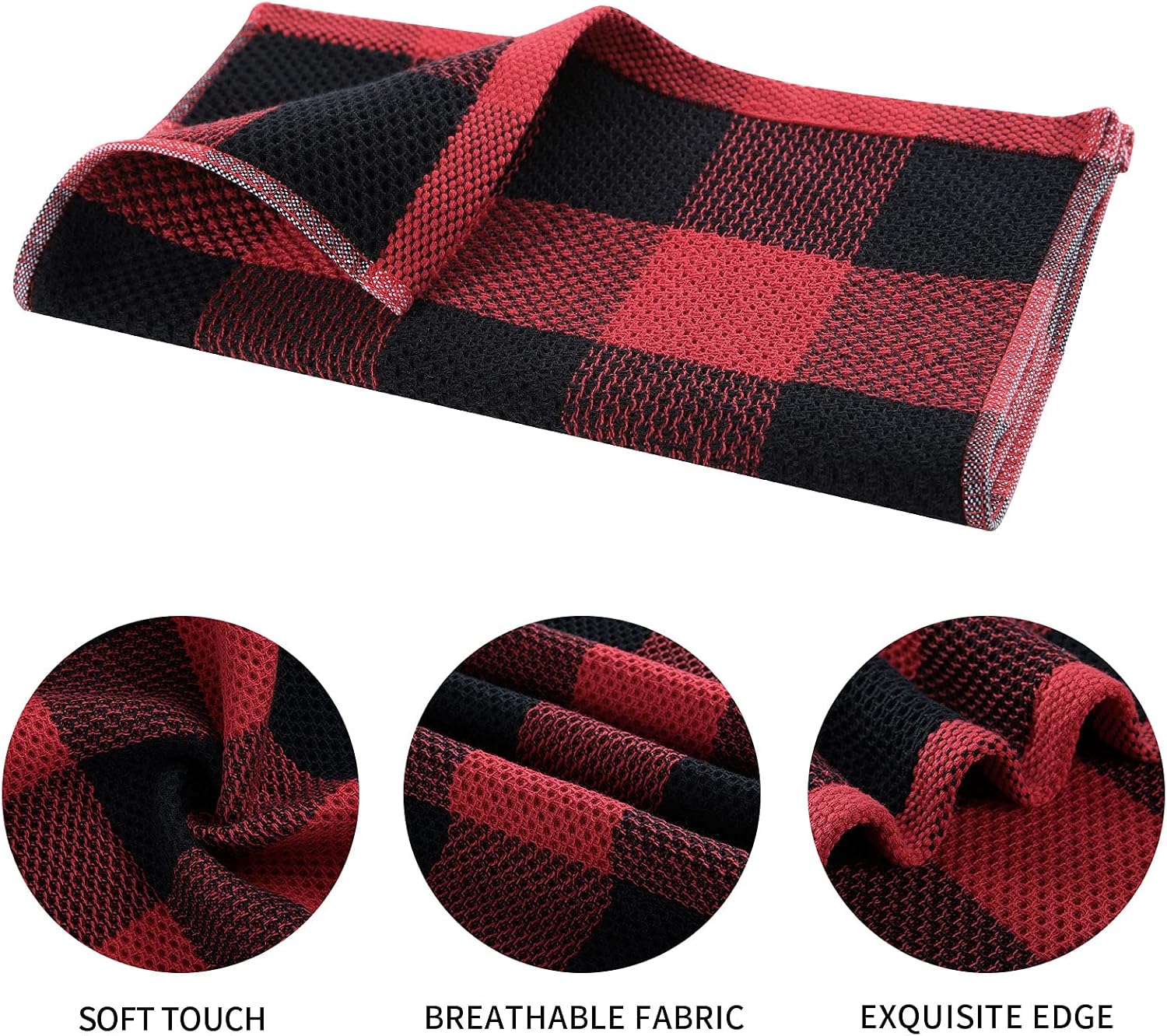 Mordimy Cotton Waffle Weave Kitchen Towels, 13"x 28", 12 Pack, Black & Red | Super Soft and Absorbent Buffalo Check