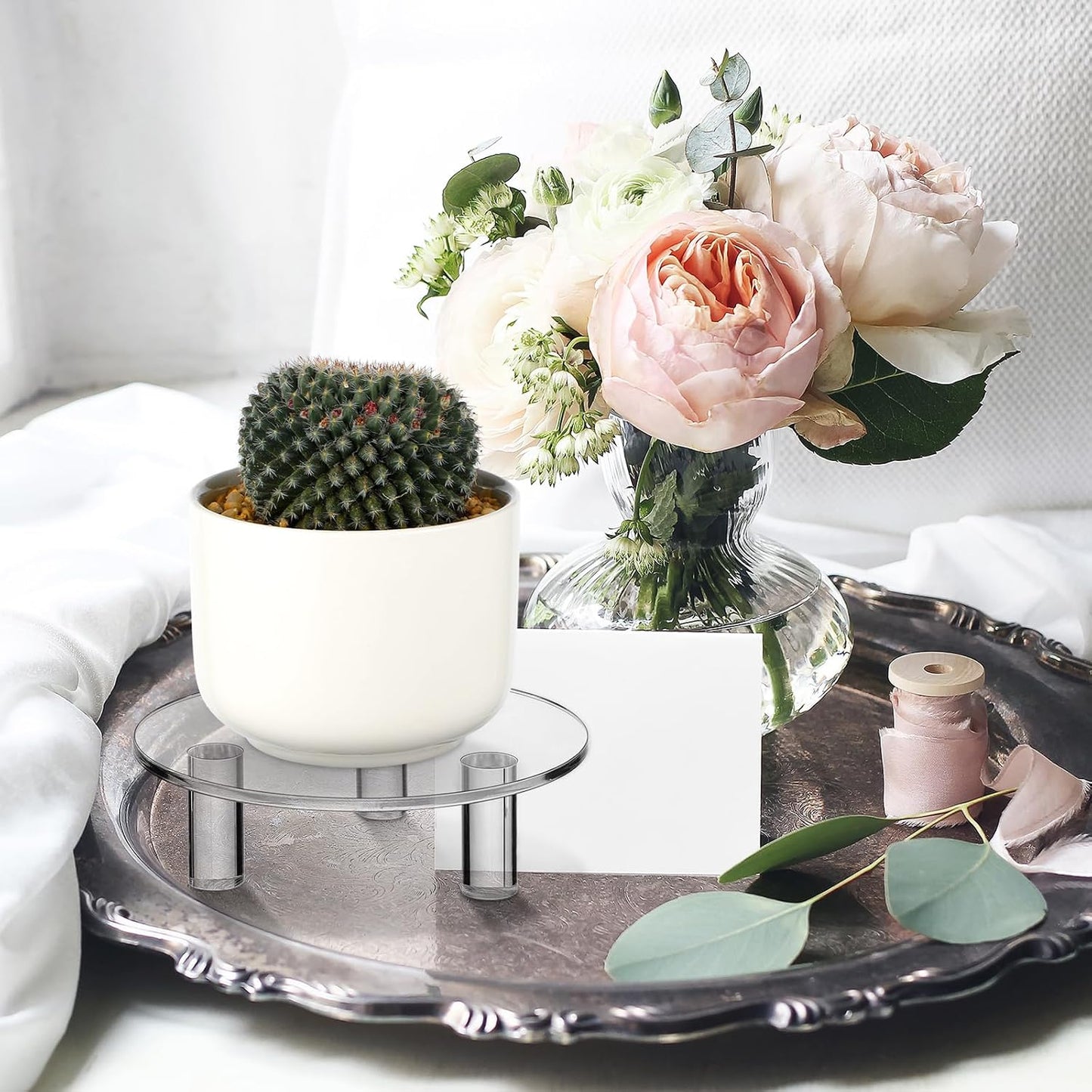 Acrylic Risers Round 4" Display Stands Small Cake Candle Plant Jewelry Rings / Clear / Set of 4