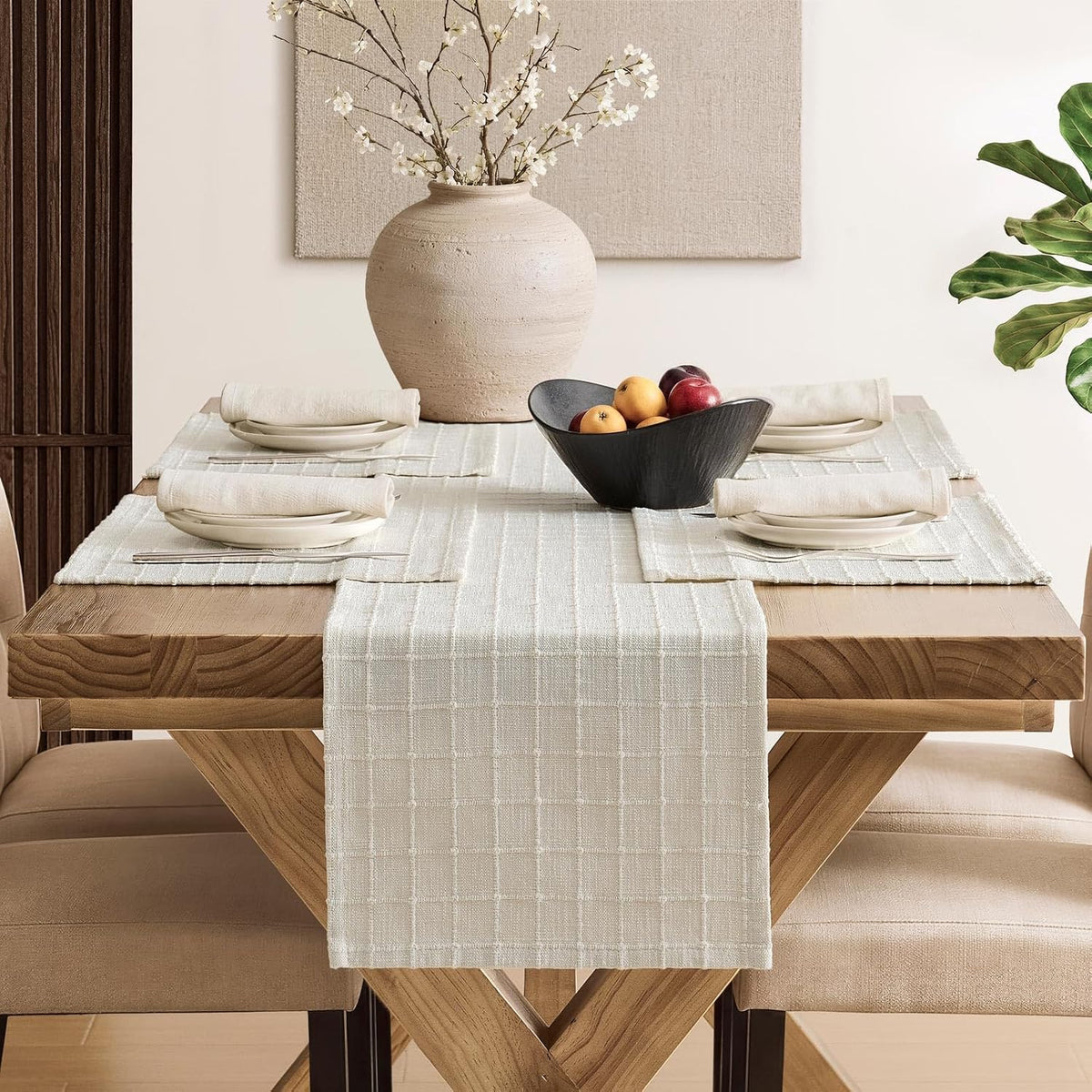Artisanal Grid Decorative Linen Placemats Set of 6, Ivory | Thick Heavy Textured Washed Linen Place Mats 13×19in