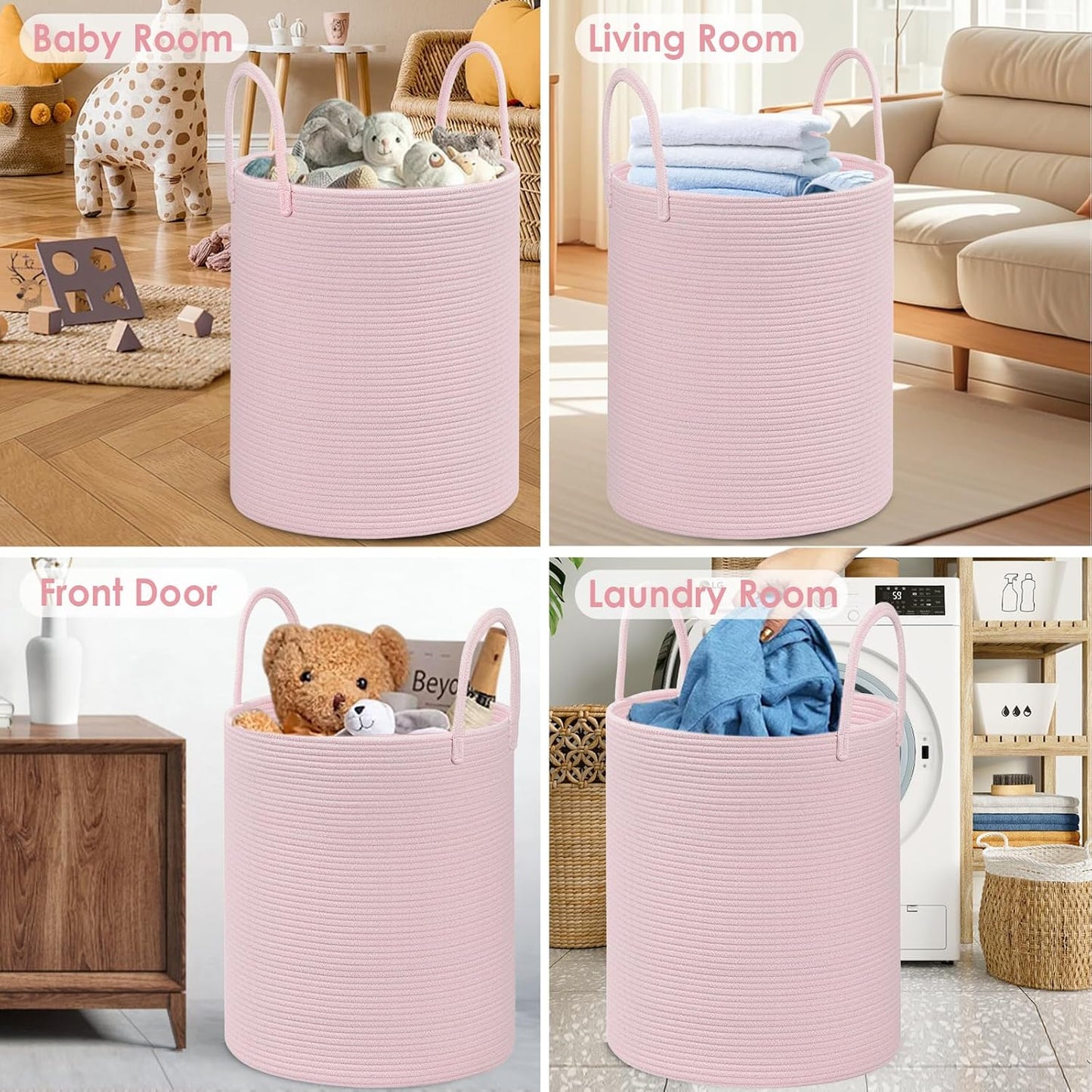 Large Woven Laundry Basket Hamper / Pink / 100L