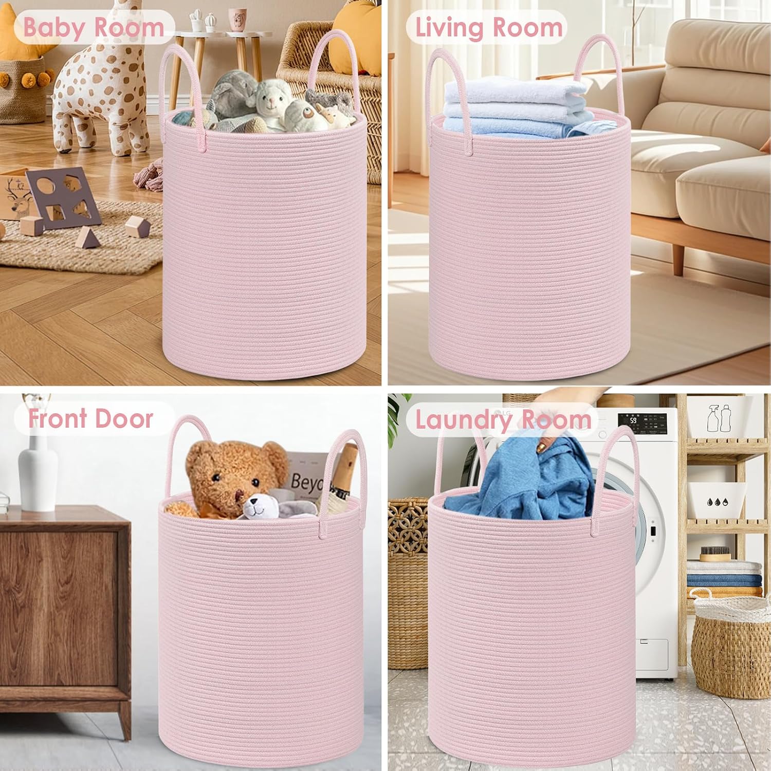 Large Woven Laundry Basket Hamper / Pink / 100L
