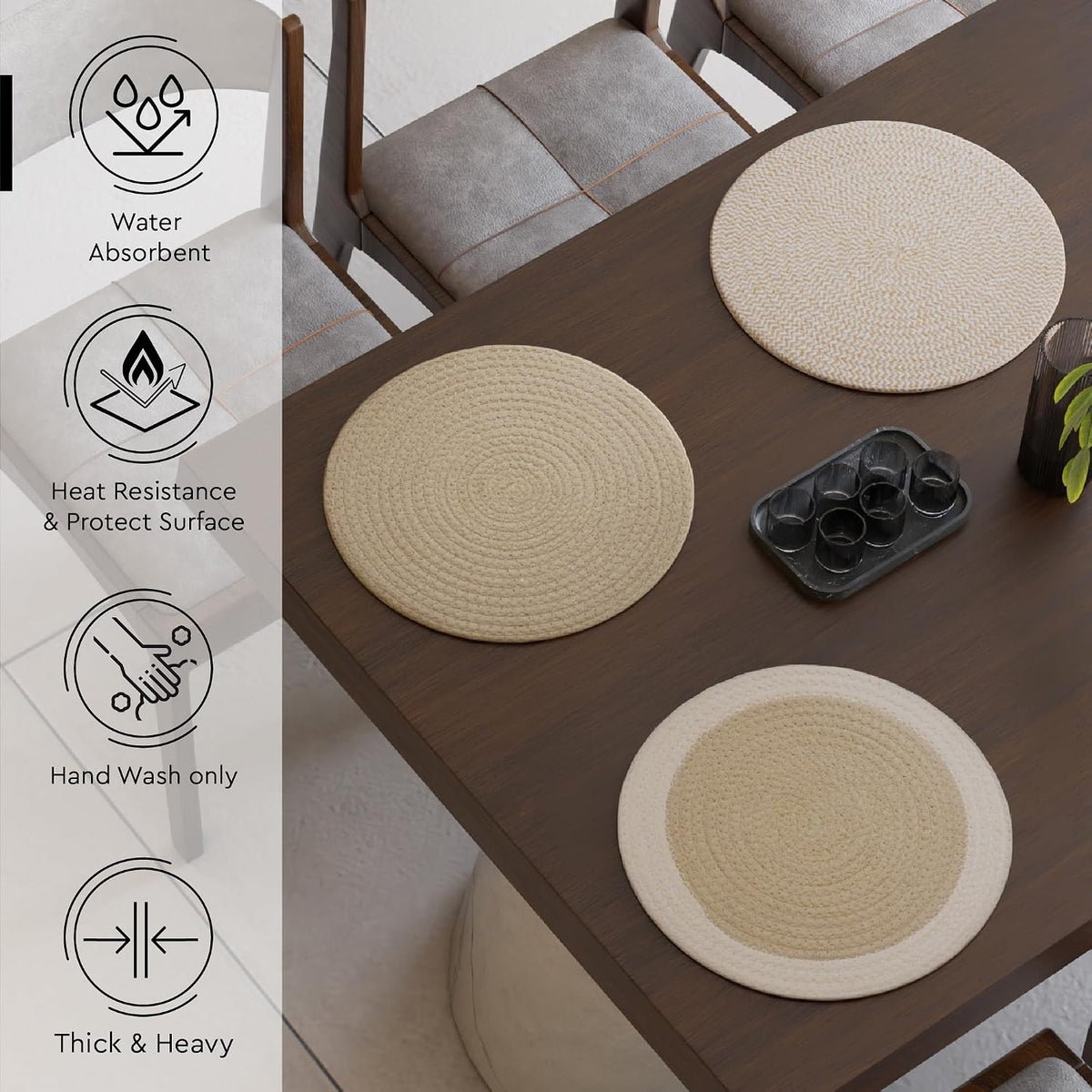 Encasa XO Placemats, Round Cotton Dining Table Mats 13" | Beige Mix Combo, Handcrafted Ribbed Texture | Heat Resistant