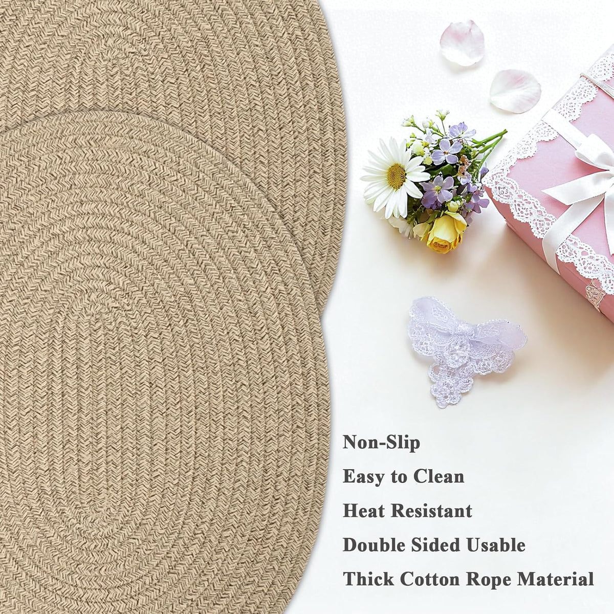 Oval Woven Placemats Set of 6, Boho Cotton Rope Braided Table Mats, 17x13 Inches Non Slip Heat Resistant Place Mats for
