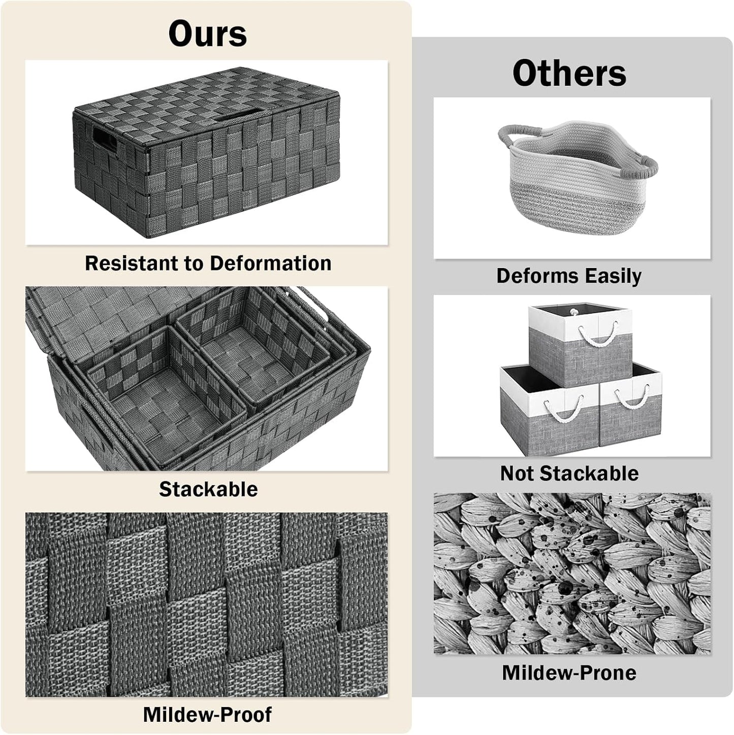 Woven Storage Box Organizer Containers Decorative Baskets Cube / Grey / with Lids / Set of 5