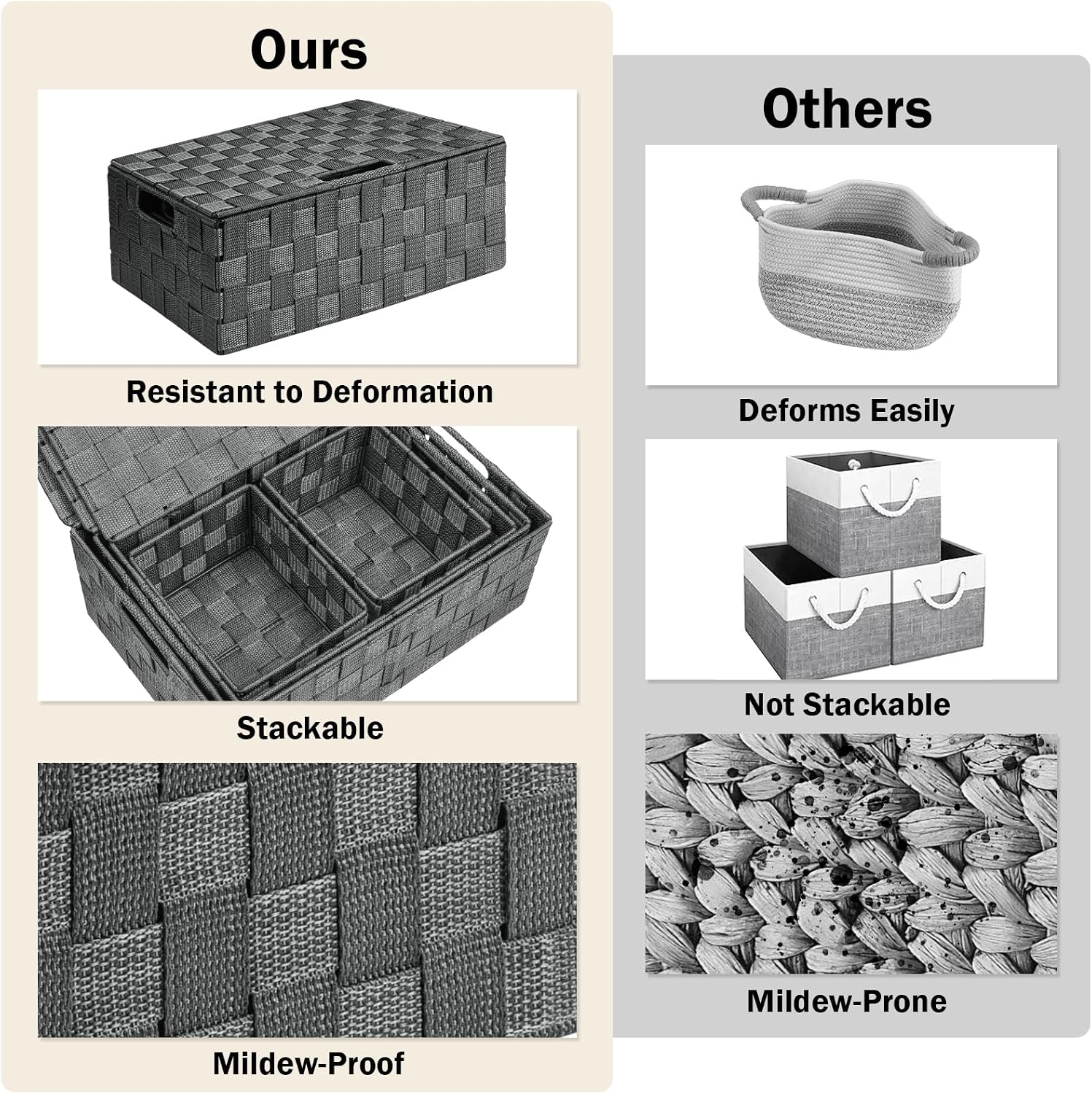 Woven Storage Box Organizer Containers Decorative Baskets Cube / Grey / with Lids / Set of 5