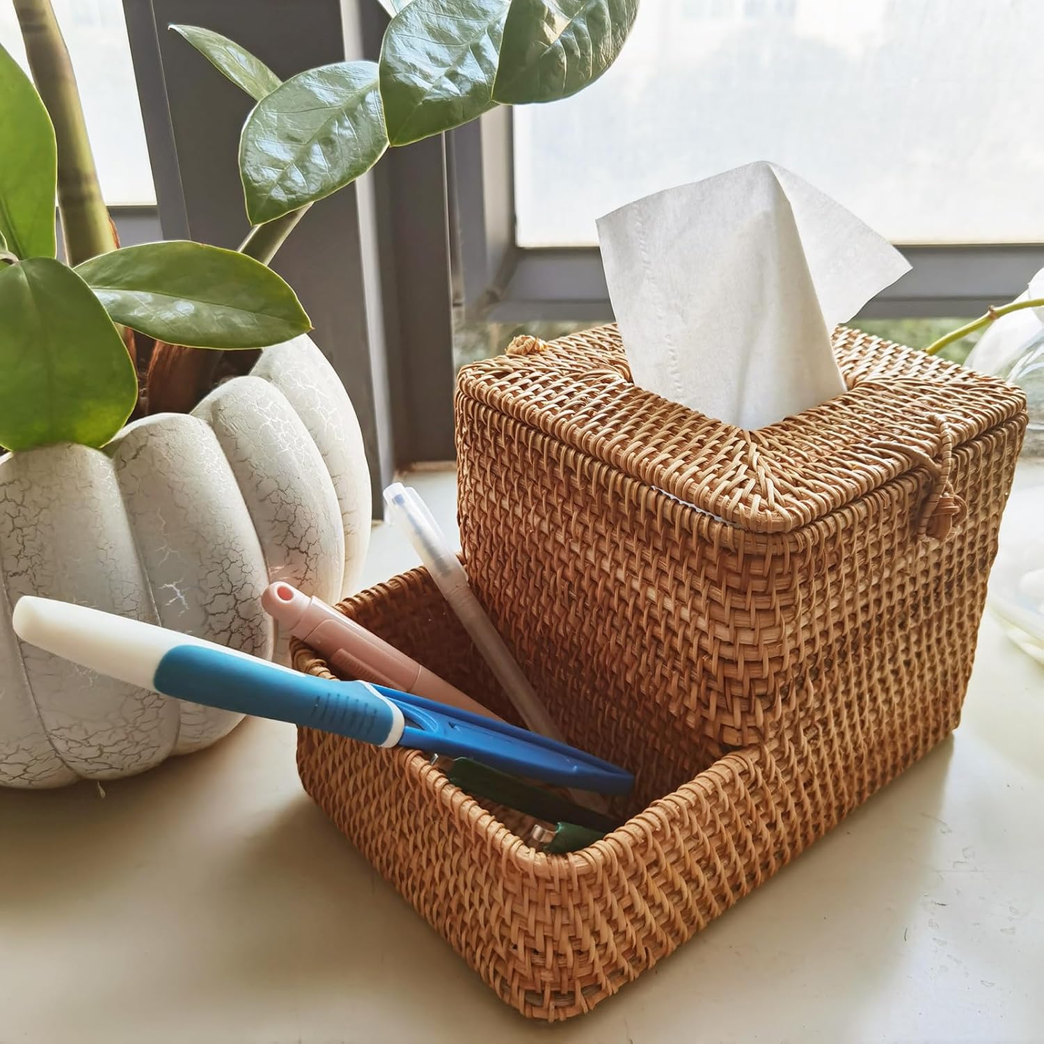Decorative Square Rattan Tissue Box and Condiment Organizer / Natural Brown with Compartment / 6 x 6
