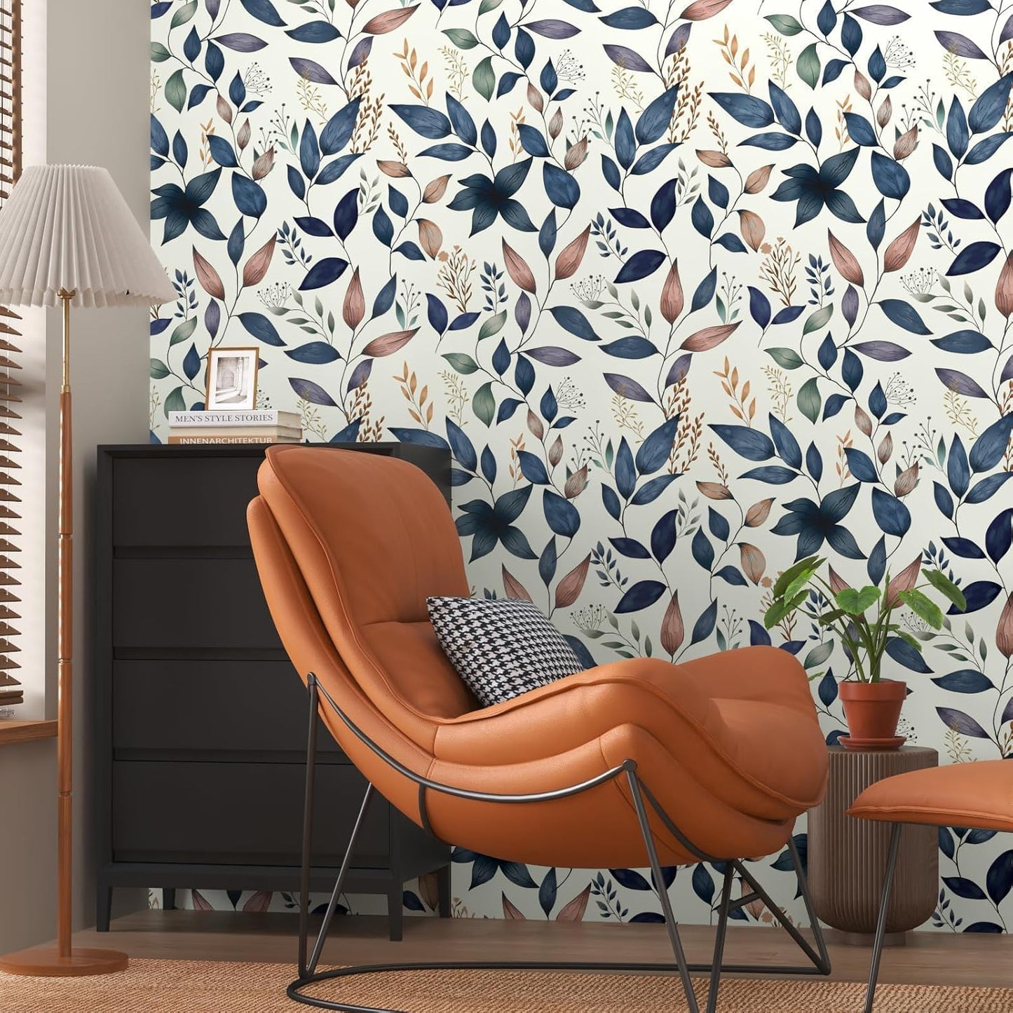 Vintage Leaves Peel and Stick Wallpaper Waterproof Contact Paper / 17.4 x 197 / Navy