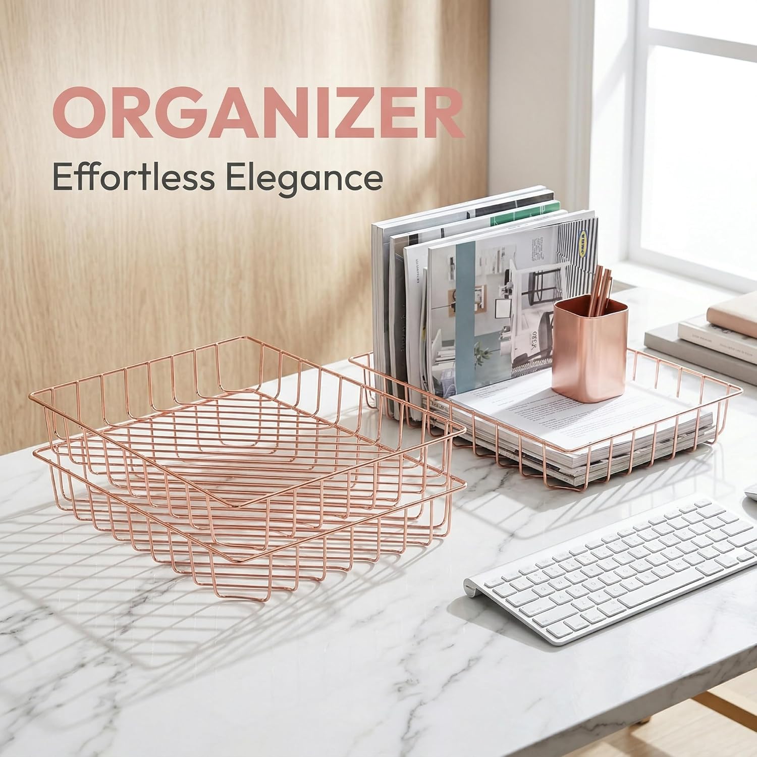 Okllen 3 Pack Wire File Tray, Rose Gold Desk Paper Letter Tray, Magazine Files Storage Basket Organizer Bin for Office