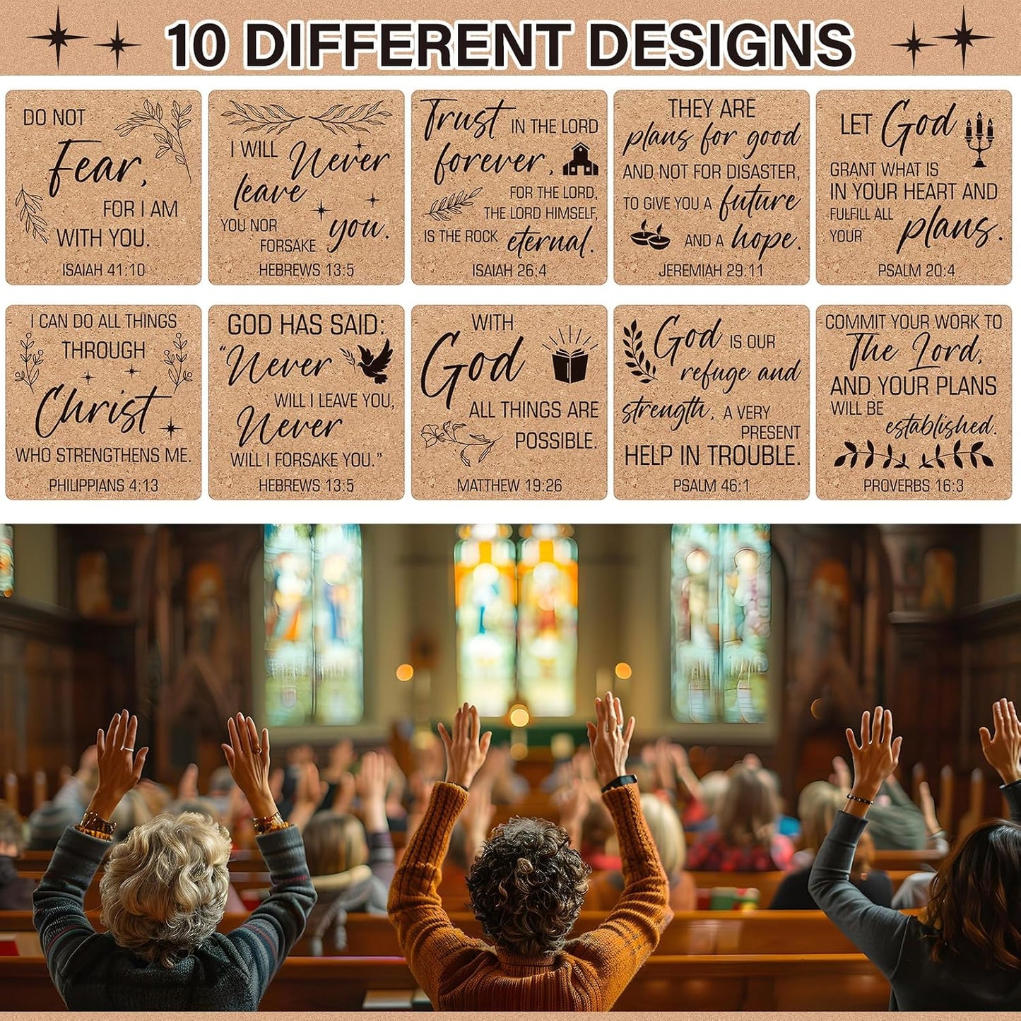 Bible Verses 4" Christian Cork Drink Coasters Set Bulk for Adults / Square / Set of 50