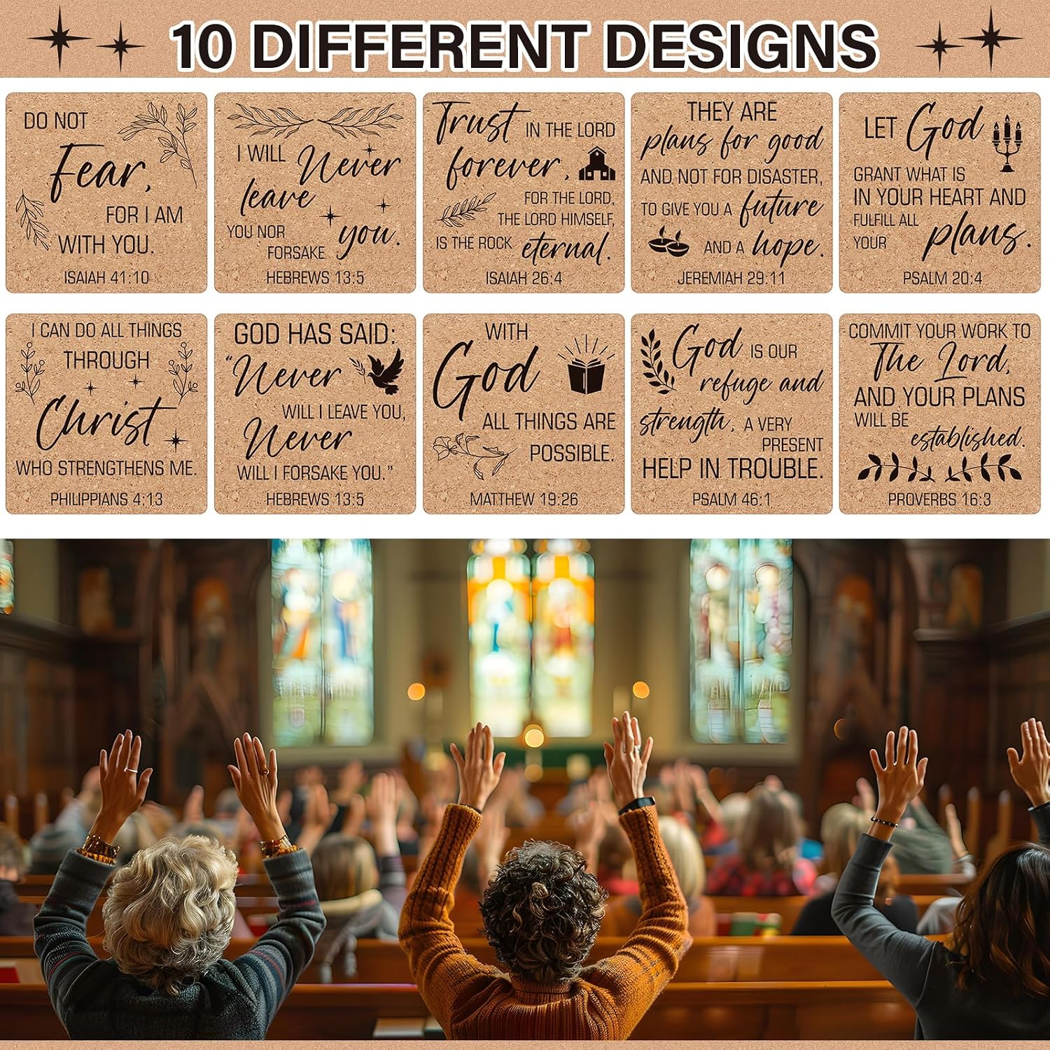 Bible Verses 4" Christian Cork Drink Coasters Set Bulk for Adults / Square / Set of 50