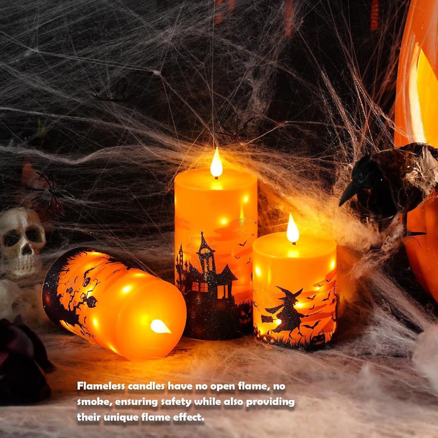 Sasigeiaa Halloween Flameless Candles with Remote - Orange LED Candles & String Lights, Battery Operated Set of 3 (D3 x