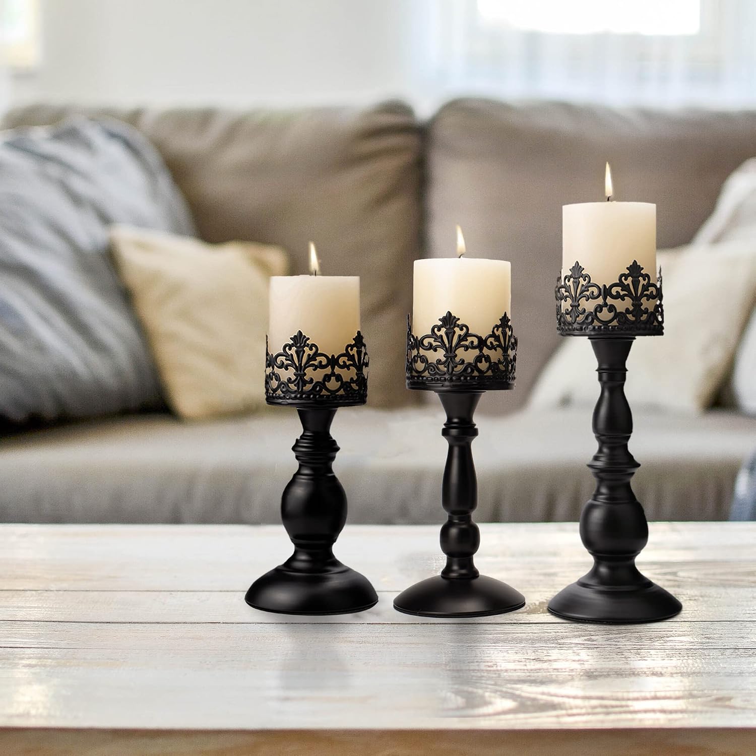BANOMII Vintage Pillar Candle Holders for Table Centerpiece Set of 3-11'' 9'' 8'' - Matte Black Metal Candle Stands