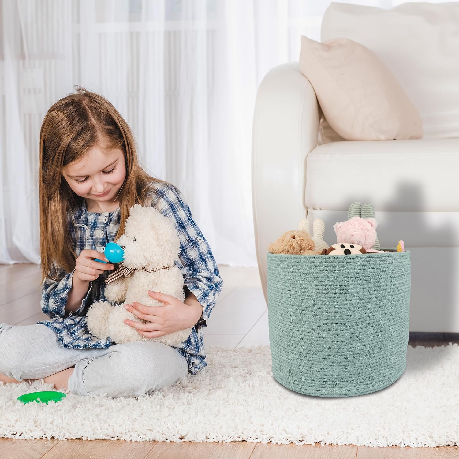 Cotton Rope Basket For Girls Boys Kids " Baby Laundry Baskets Nursery Bin Round / Green / 16 x 14