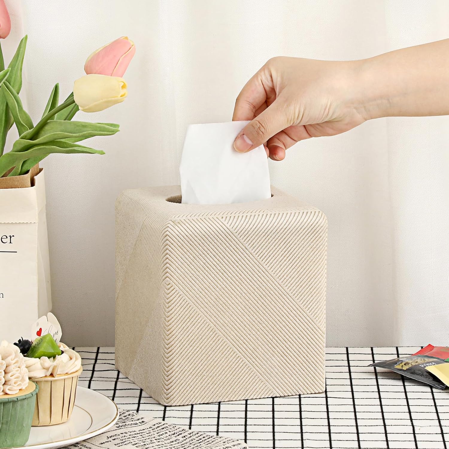 Twill Texture Tissue Box Cover Square / Beige