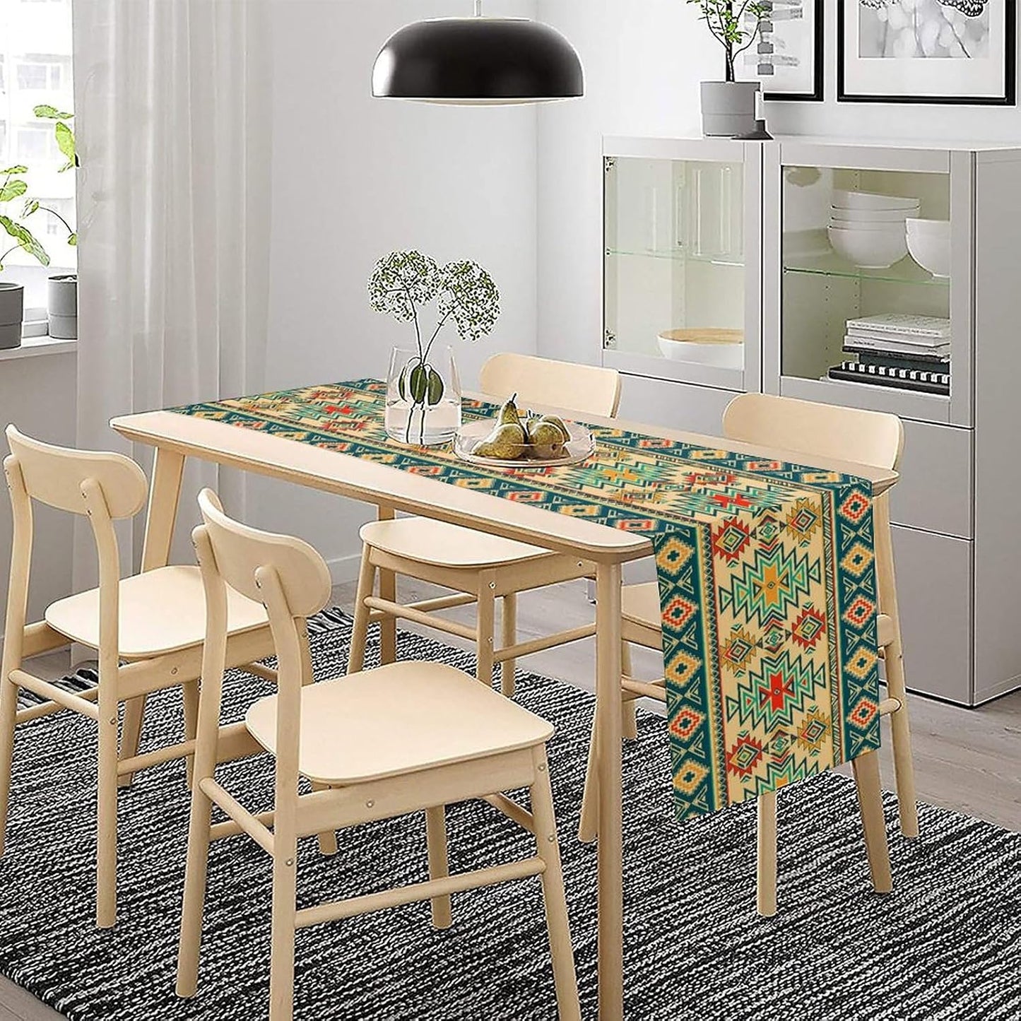 Aztec Southwest Table Runner,Ethnic Style Design Boho Geometric Pattern Printed Linen Table Runner for Home Kitchen