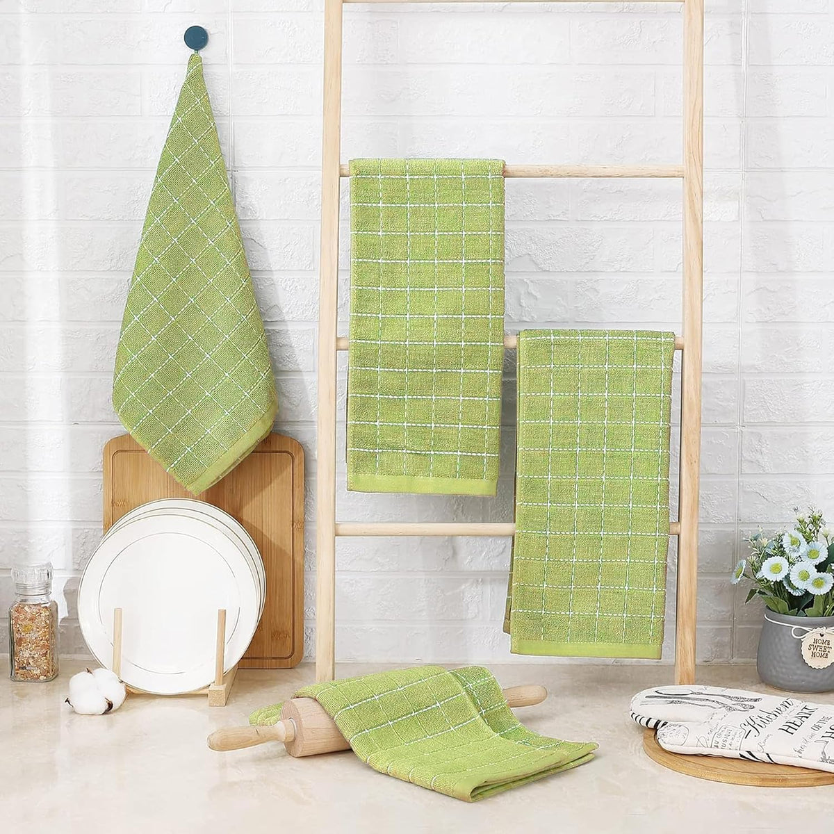 Homaxy 100% Cotton Terry Kitchen Towels, 12 Pack, Sage Green | Ultra Soft and Absorbent Dish Towels for Kitchen