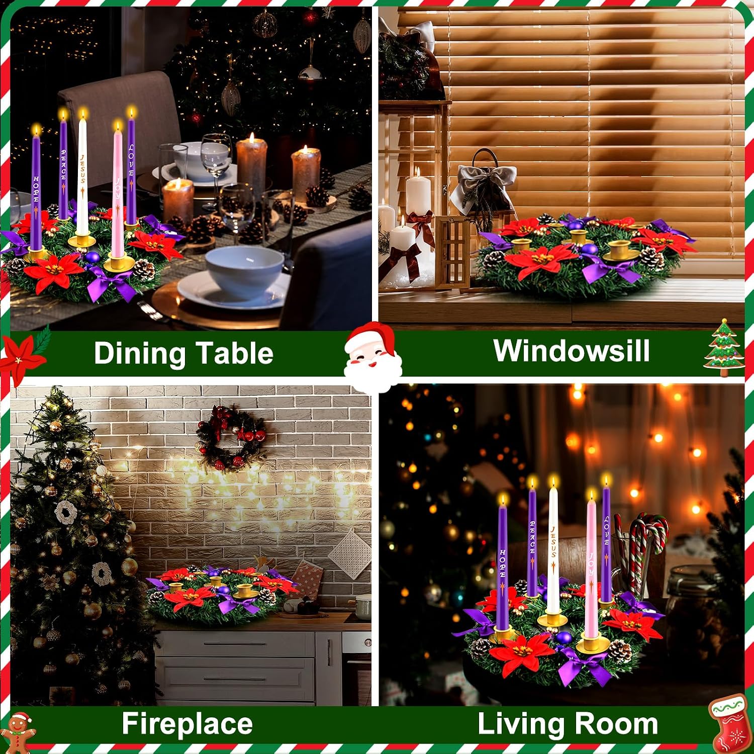 12 Inch Christmas Advent Wreath 5 Candle Holder with Metal Candle Cups for Taper Candles Fire Retardant Centerpiece