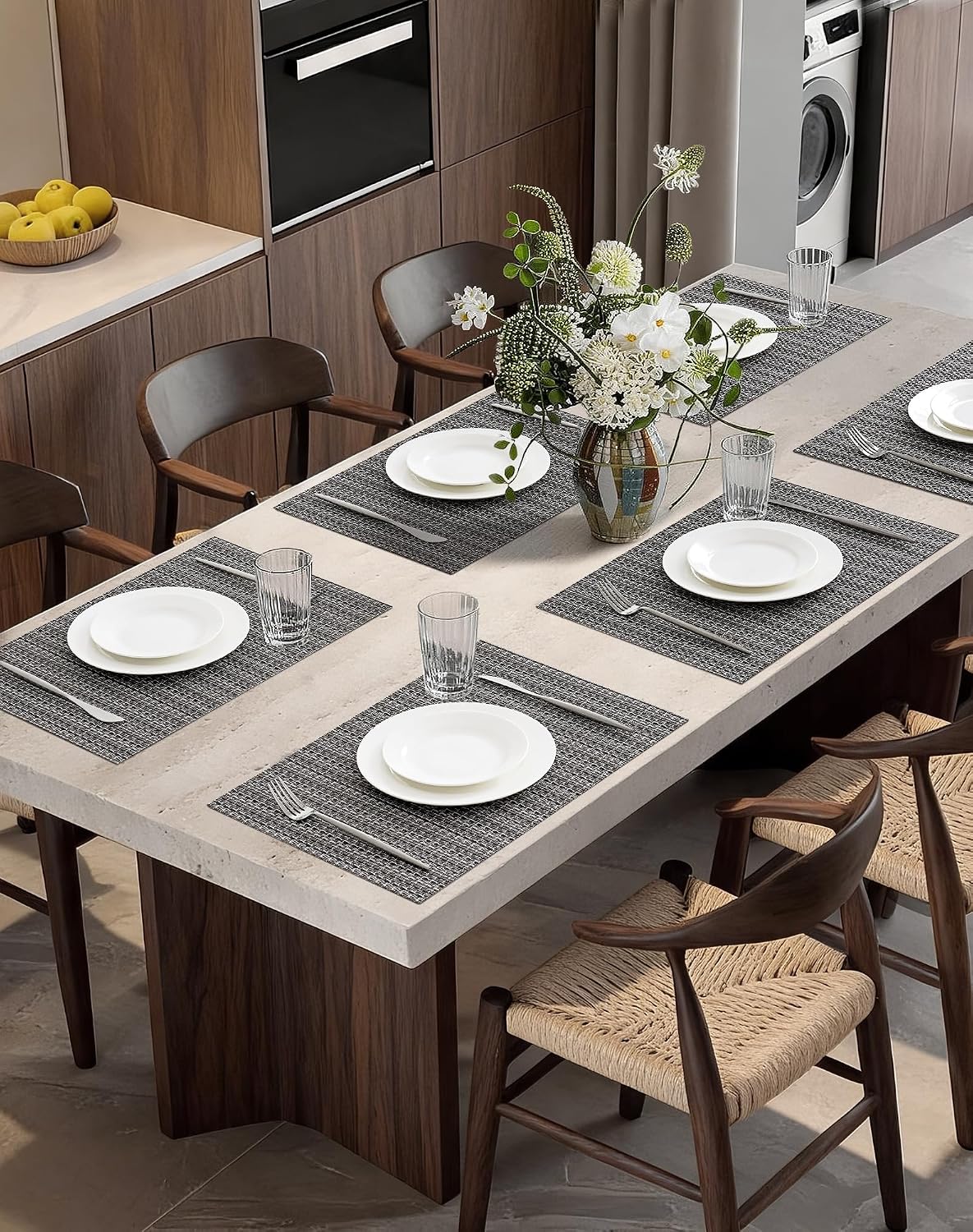 Leetaltree Woven Vinyl Placemats Set of 8, Charcoal Gray | High Density, Basketweave Woven, Stain Resistant, Easy to