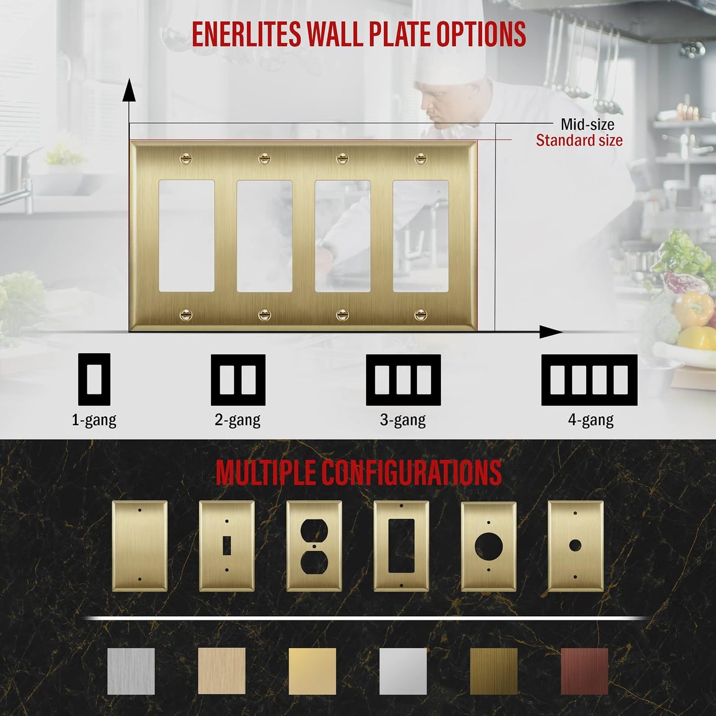 ENERLITES Decorator Switch or Outlet Metal Wall Plate, Stainless Steel 201, Corrosion Resistant, Size 4-Gang 4.50" x