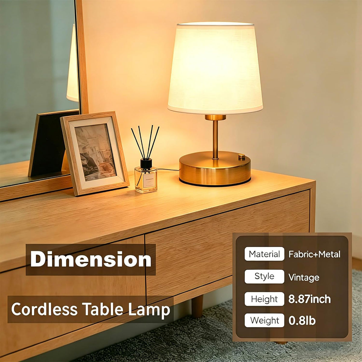 Gold Portable Cordless Table Lamp, Rechargeable Bedside Lamp, Mini | 3000mAh battery, touch stepless dimming, 2700K