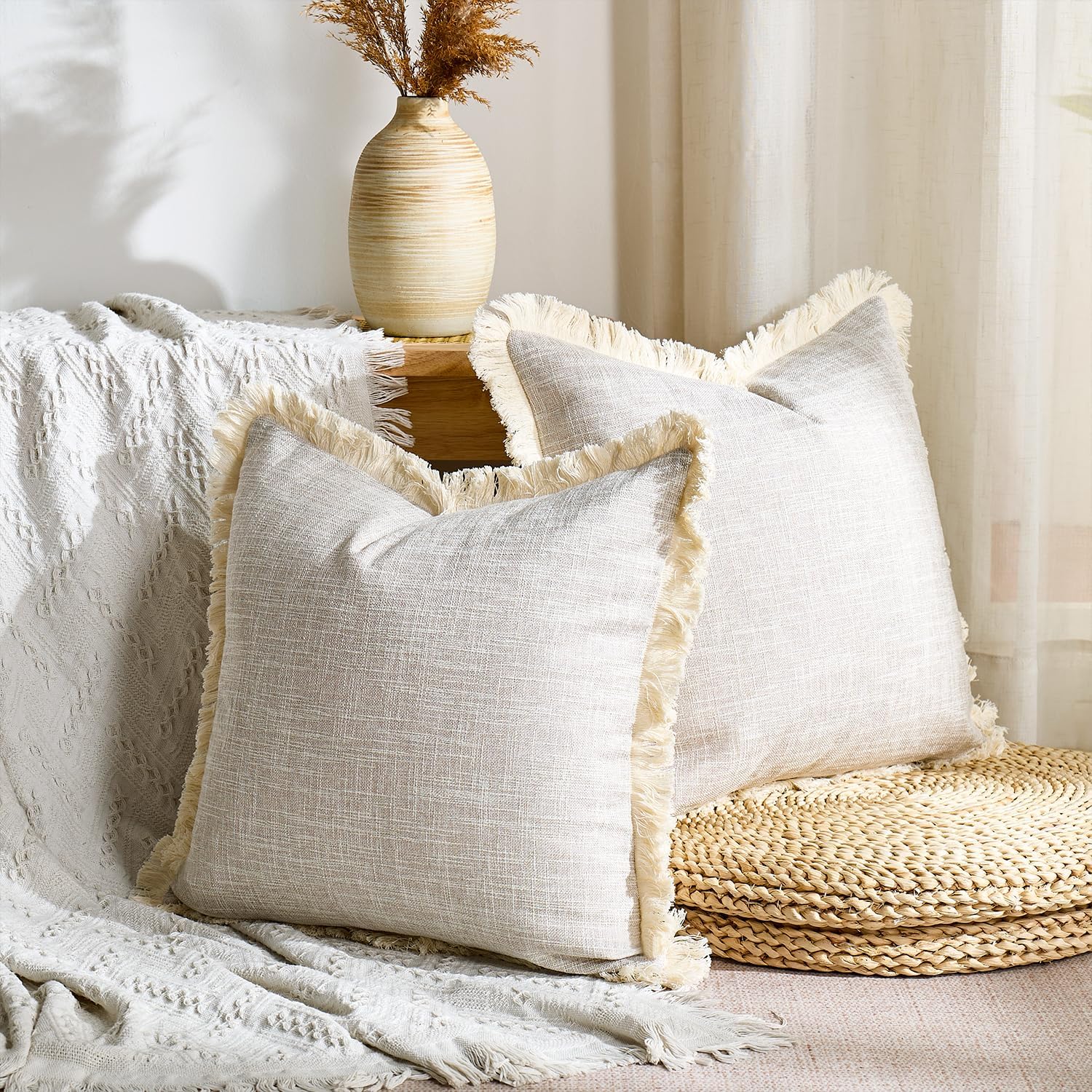 Faux Linen Fringe Decorative Throw Pillow Covers Burlap Boho Farmhouse / Beige / 18 x 18 / Set of 2